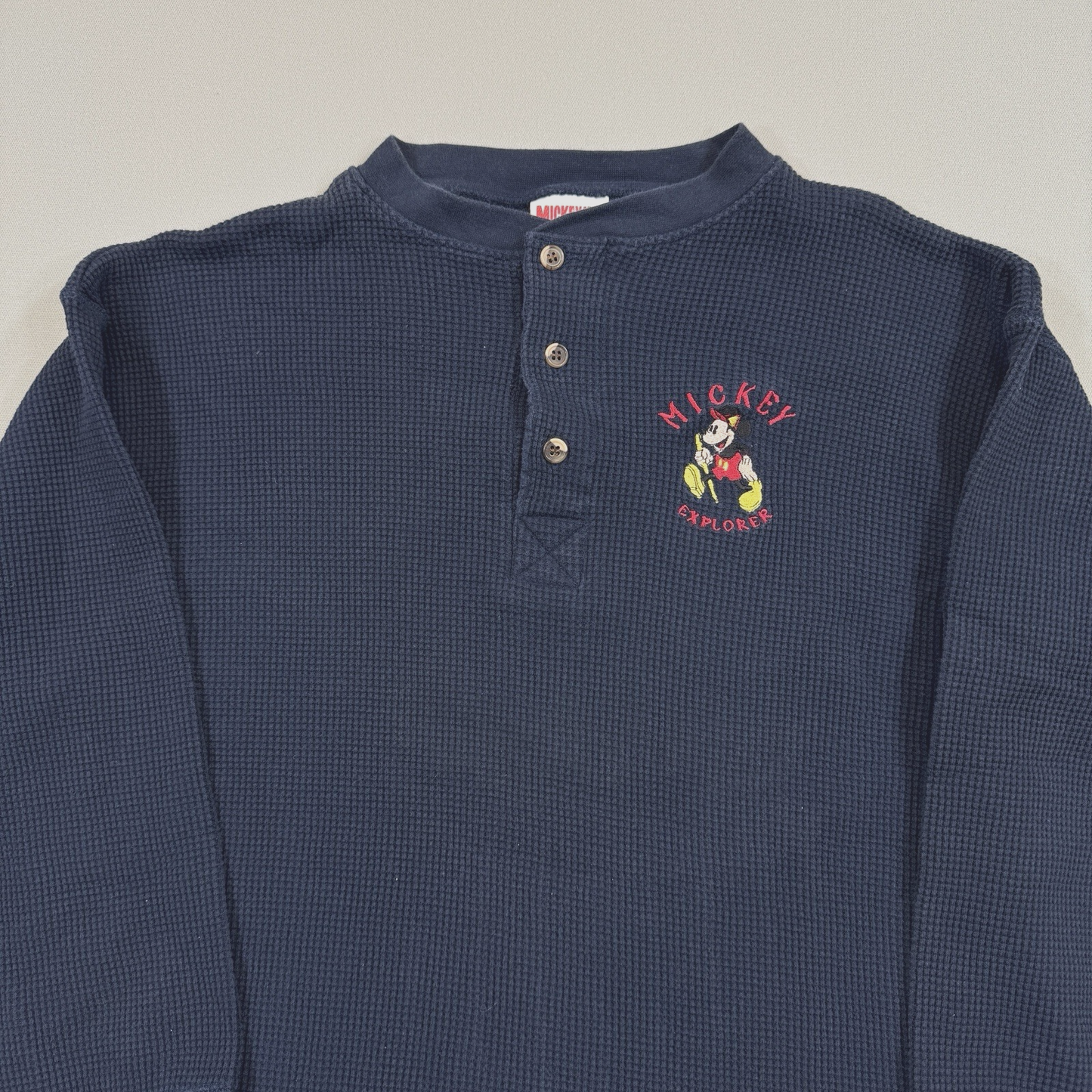Vintage 90s Disney mens S/M Blue Polo Shirt Mickey Explorer Henley Pullover