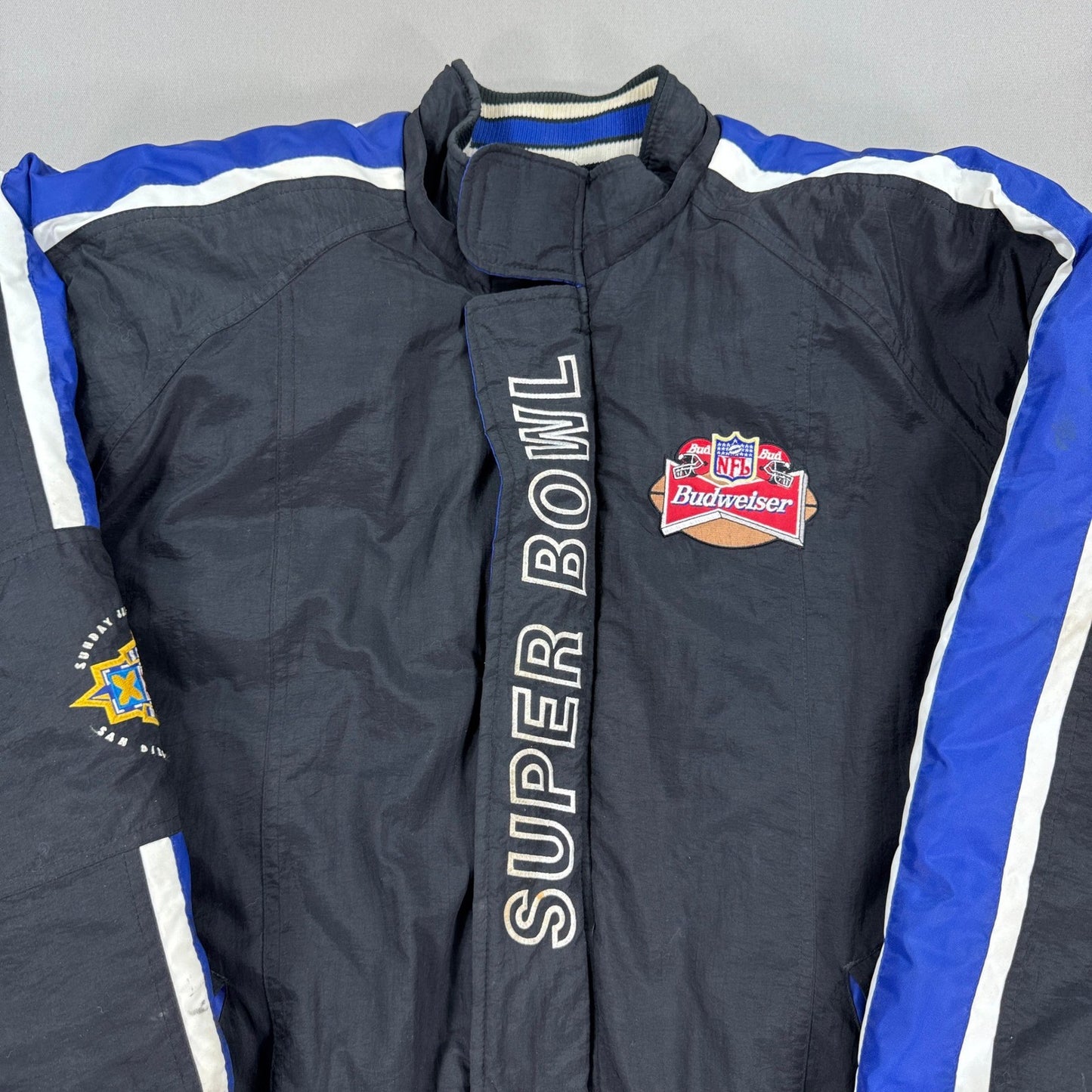 Vintage 90s Starter Jacket Pro Line Budweiser Superbowl XXXll 1998 mens XL