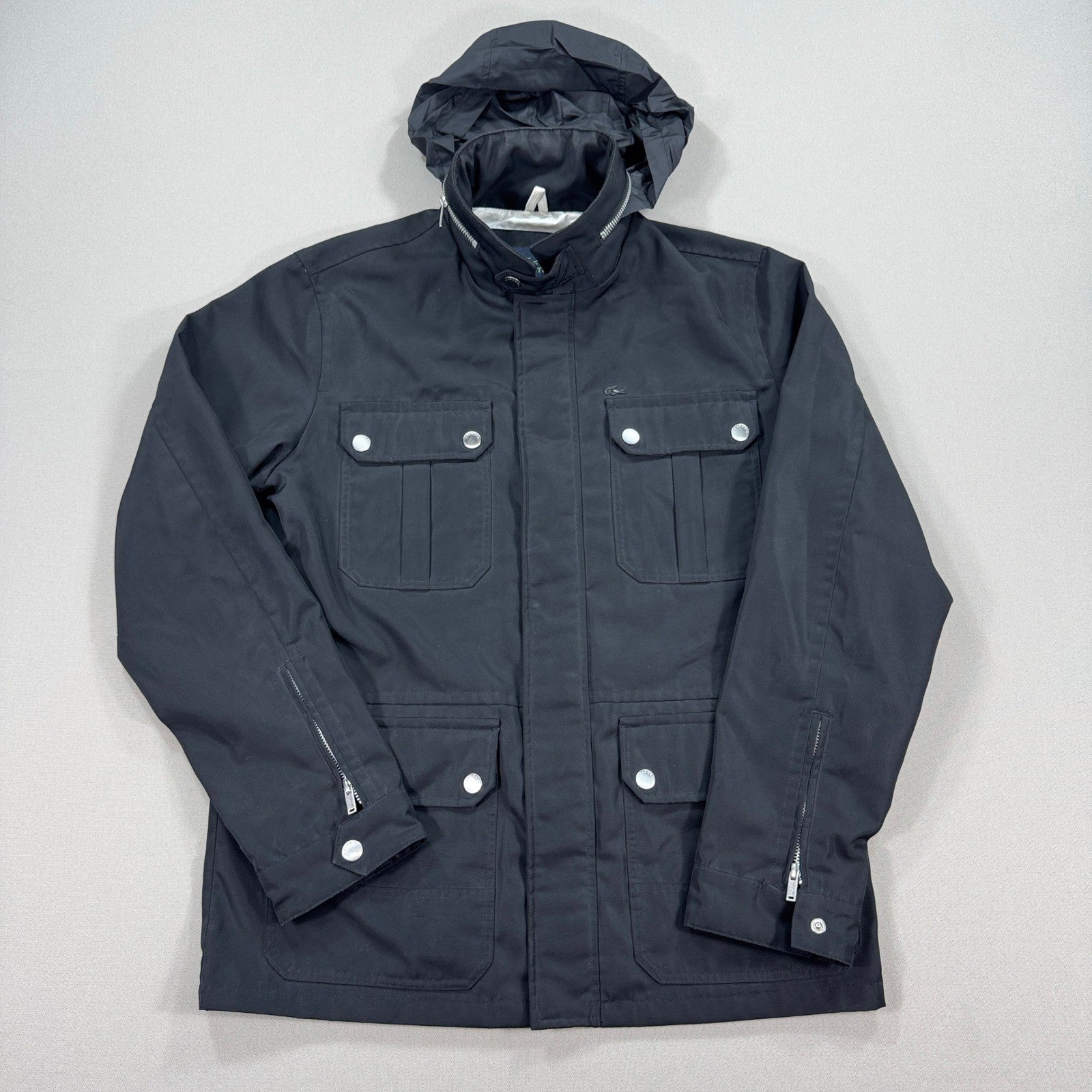 Lacoste Insulated Jacket Stow Away Hood Mens 50/4(M) Black Full Zip Four Pockets