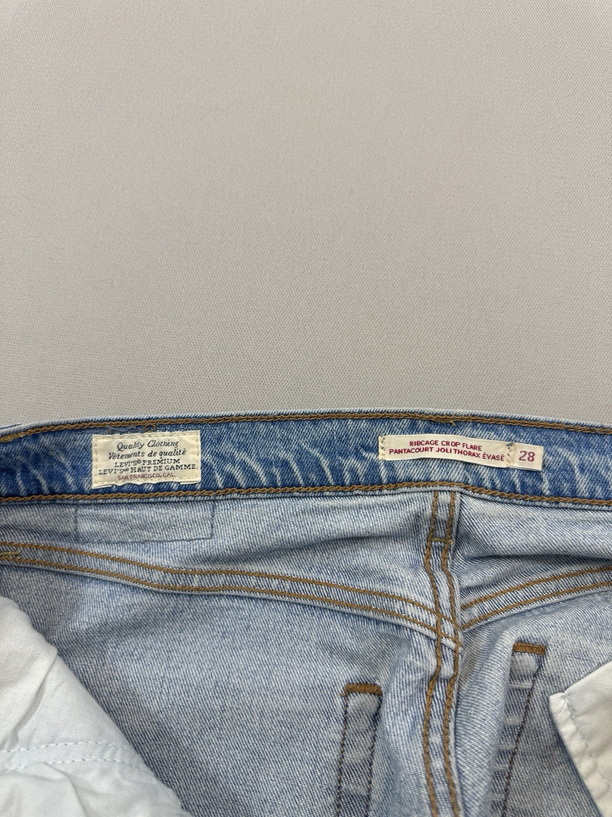 Vintage Levi's Big E Cut Off Crop Flare Womens 28x26 Button Fly Blue Denim Jeans