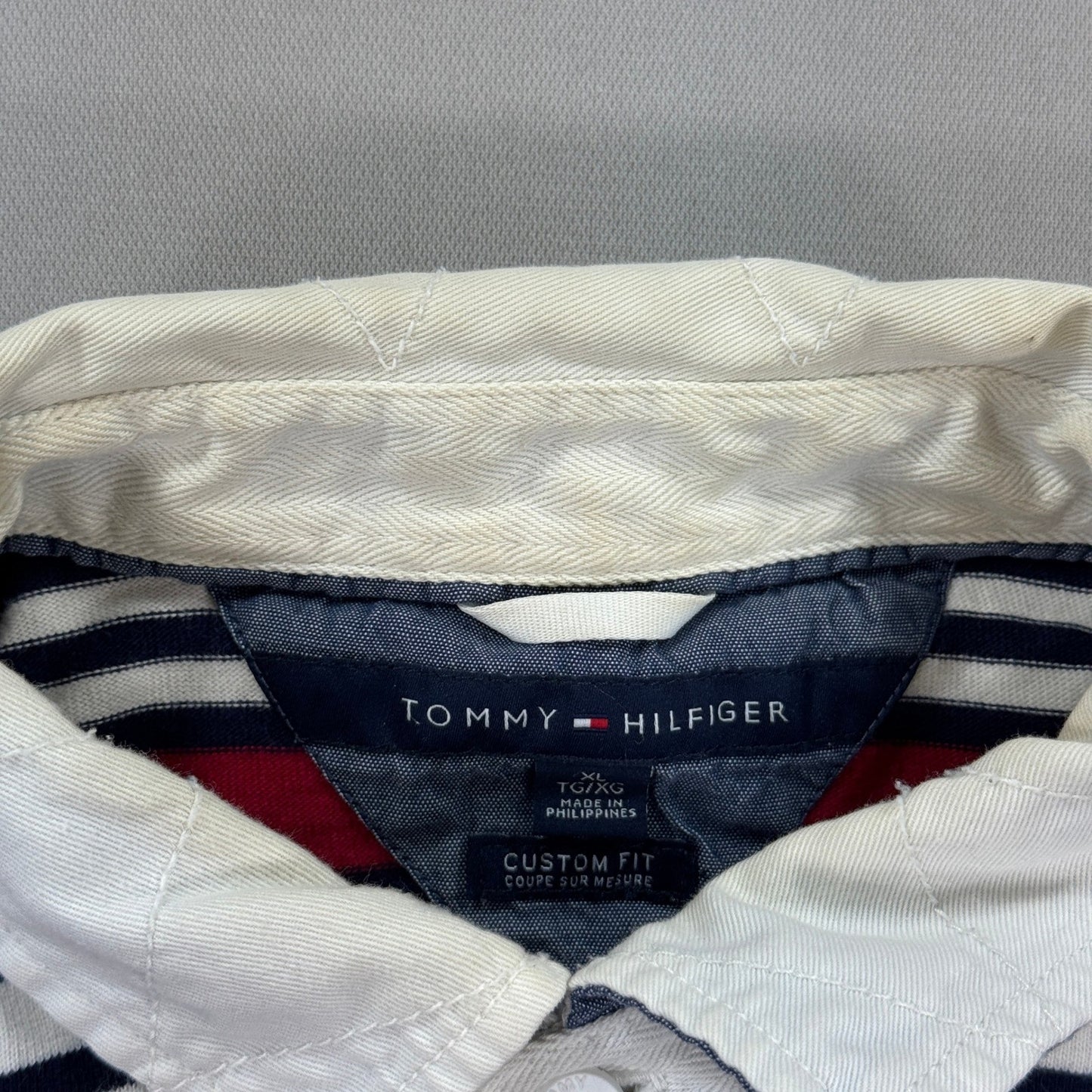 Tommy Hilfiger Polo Rugby Shirt Custom Fit Long Sleeve mens XL Navy Striped