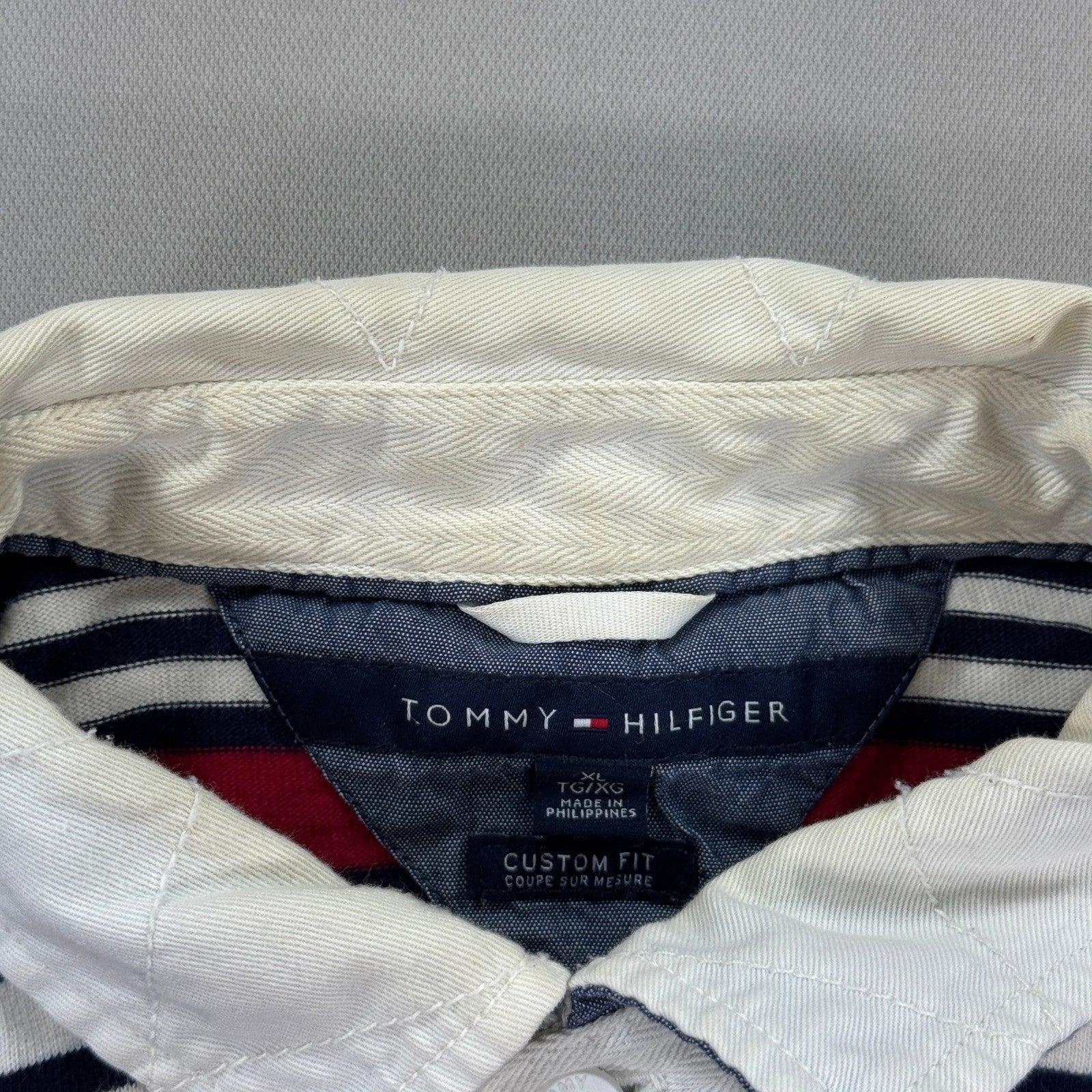 Tommy Hilfiger Polo Rugby Shirt Custom Fit Long Sleeve mens XL Navy Striped