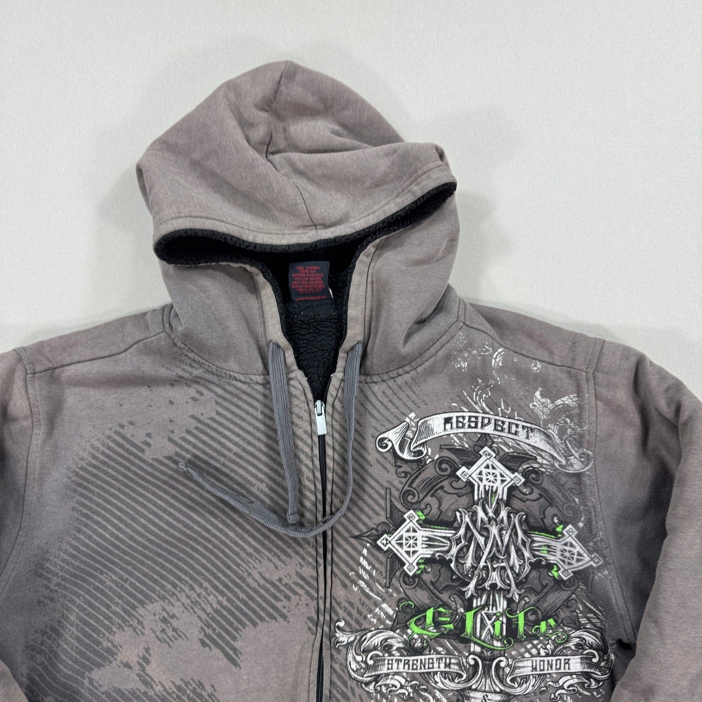 Vintage MMA Elite Hoodie Jacket Sherpa Lined Zip Up mens Large Cross Print Y2K