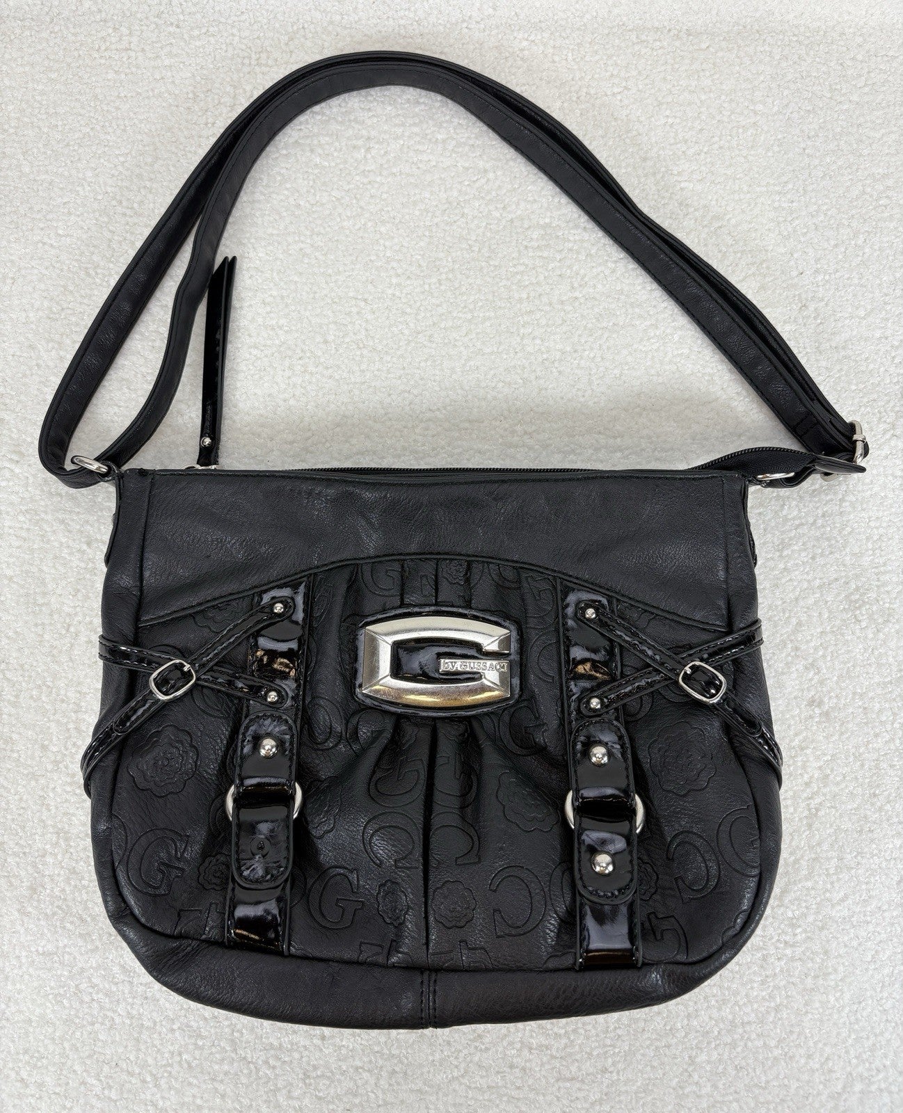Vintage GUSSACI Black Handbag Full Zip Adjustable Leather