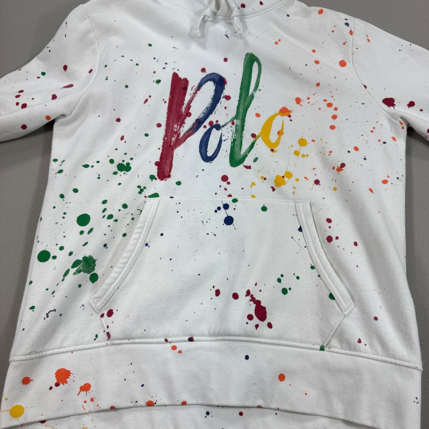 Designer Rare Polo Ralph Lauren Hoodie Men's M White Splatter Paint Sweatshirt