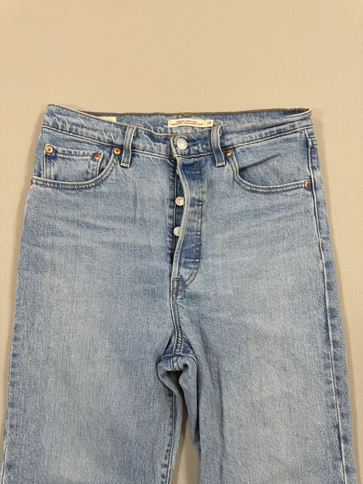 Vintage Levi's Big E Cut Off Crop Flare Womens 28x26 Button Fly Blue Denim Jeans