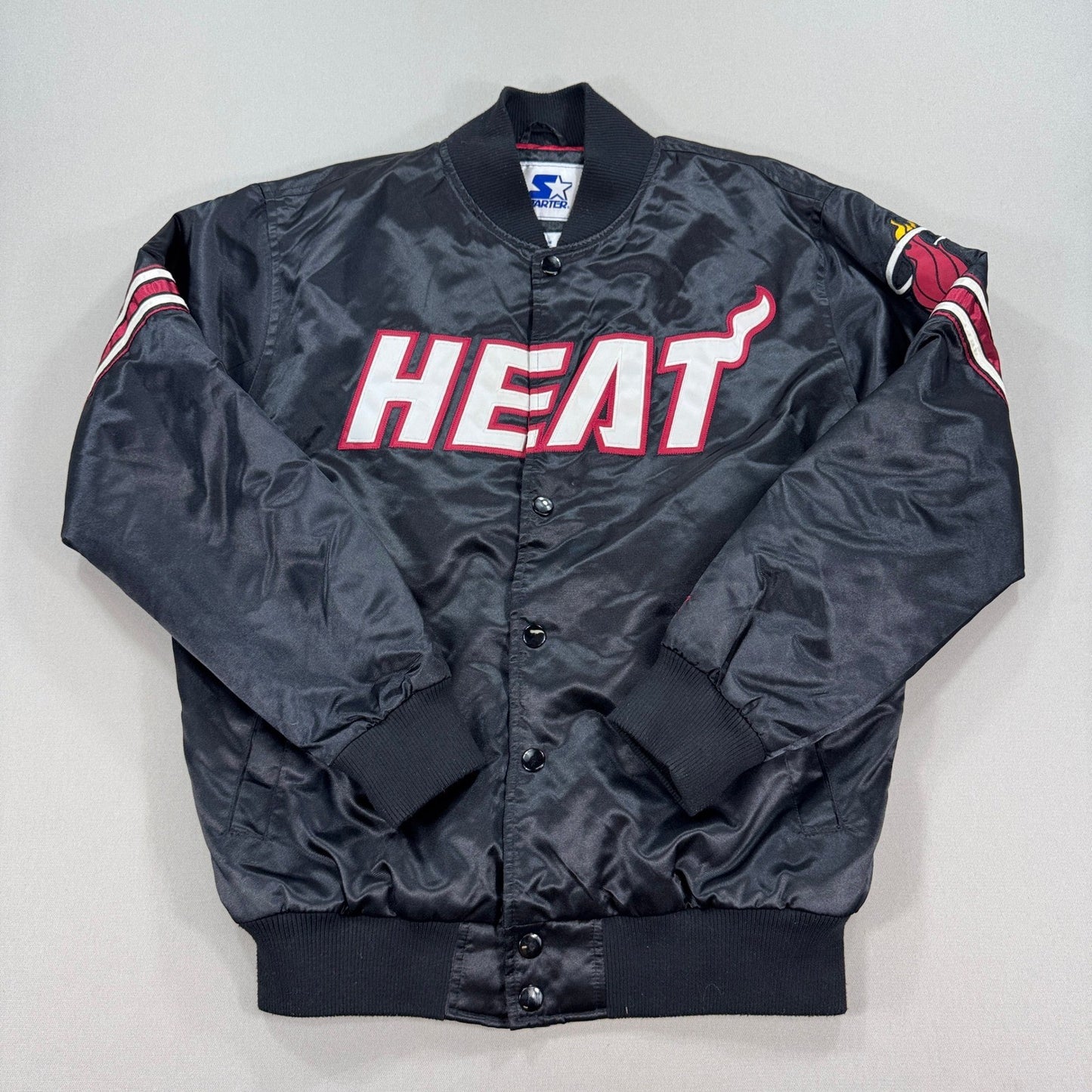 Vintage Starter Miami Heat Jacket Bomber NBA mens Large Black Red Lining