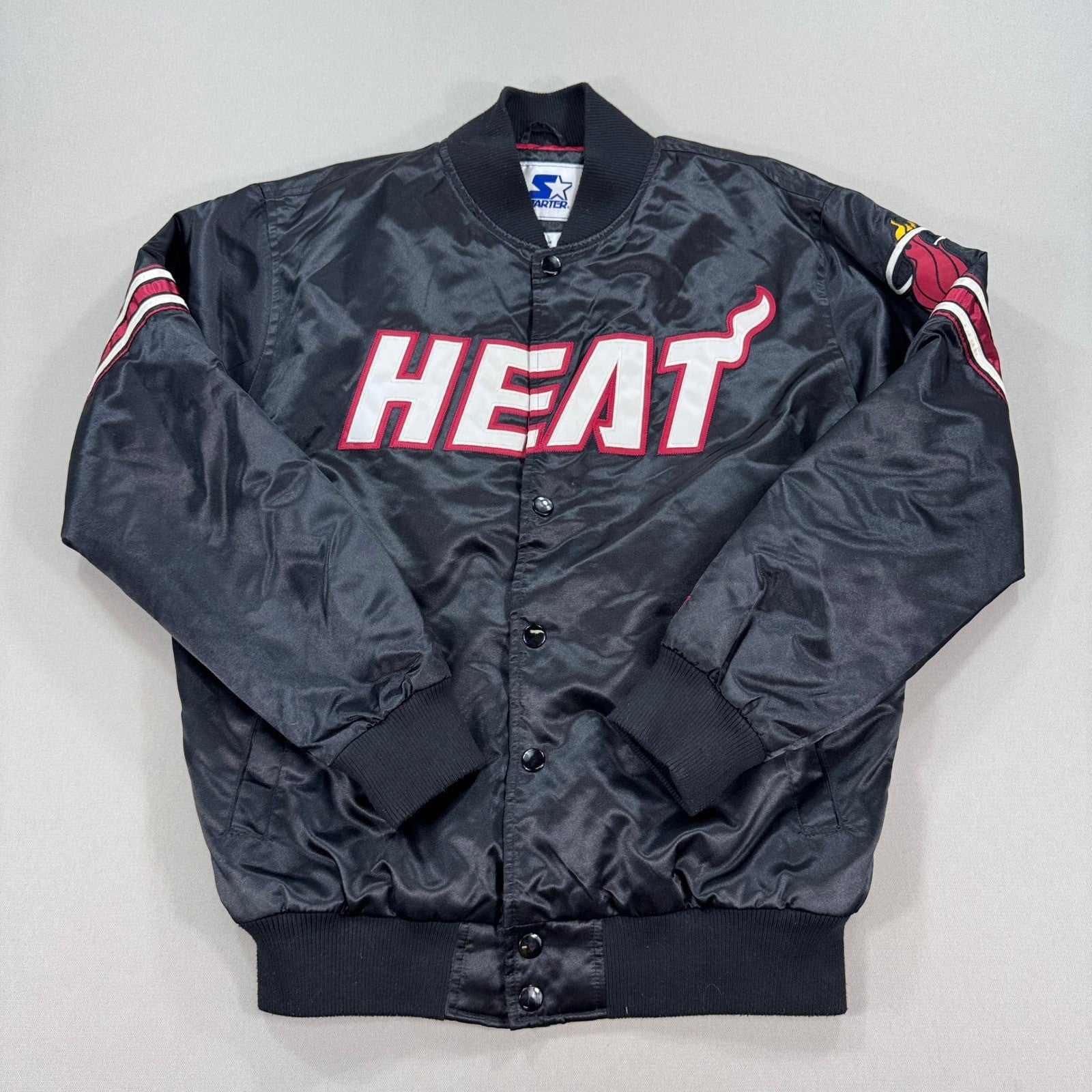 Vintage Starter Miami Heat Jacket Bomber NBA mens Large Black Red Lining