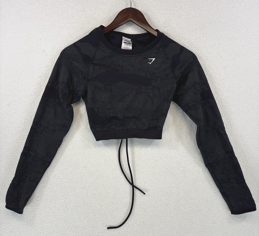 Gym Shark Adapt Camo Long Sleeve Cropped Top  Lace Back Gray Womens Medium