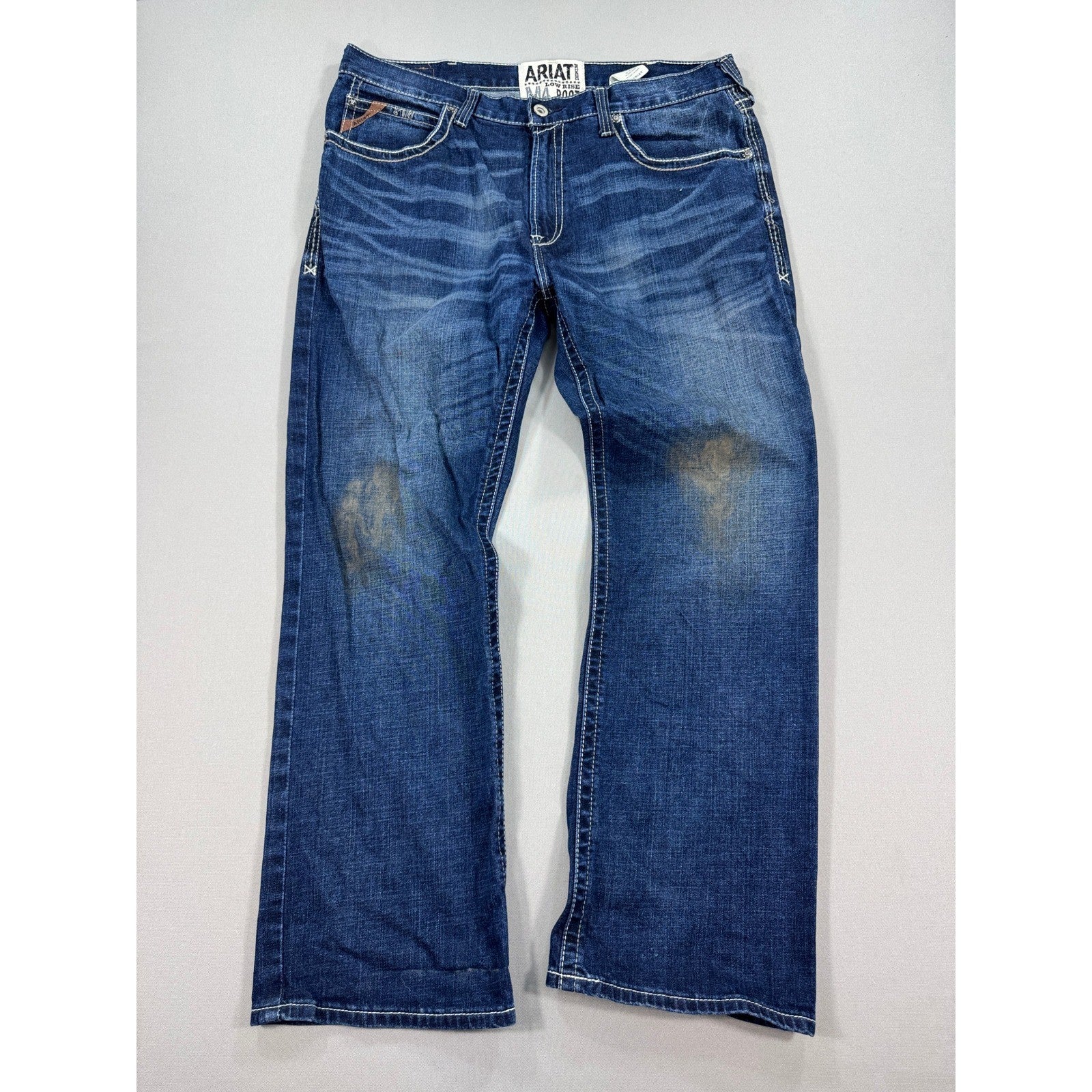 Ariat M4 Jeans Low Rise Bootcut Mens 38x32 Turnout Denim Blue Distressed Stretch