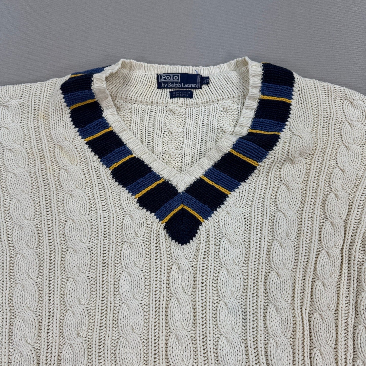 VTG Polo Ralph Lauren Cable Knit Cricket Sweater Cream Blue Yellow Trim mens XL