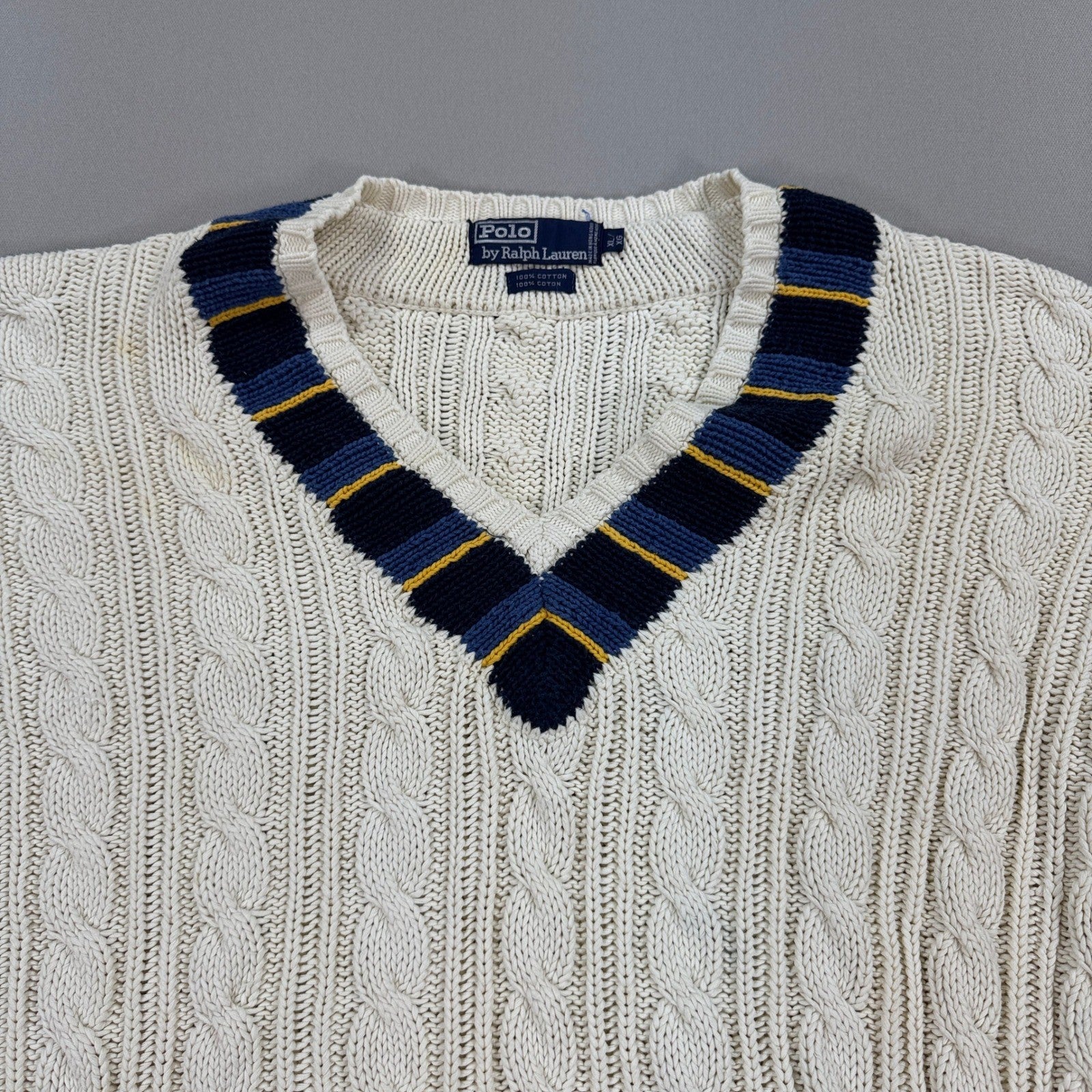 VTG Polo Ralph Lauren Cable Knit Cricket Sweater Cream Blue Yellow Trim mens XL