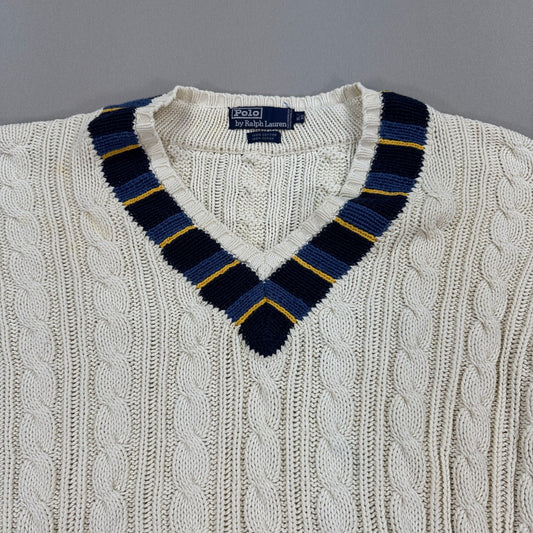 VTG Polo Ralph Lauren Cable Knit Cricket Sweater Cream Blue Yellow Trim mens XL