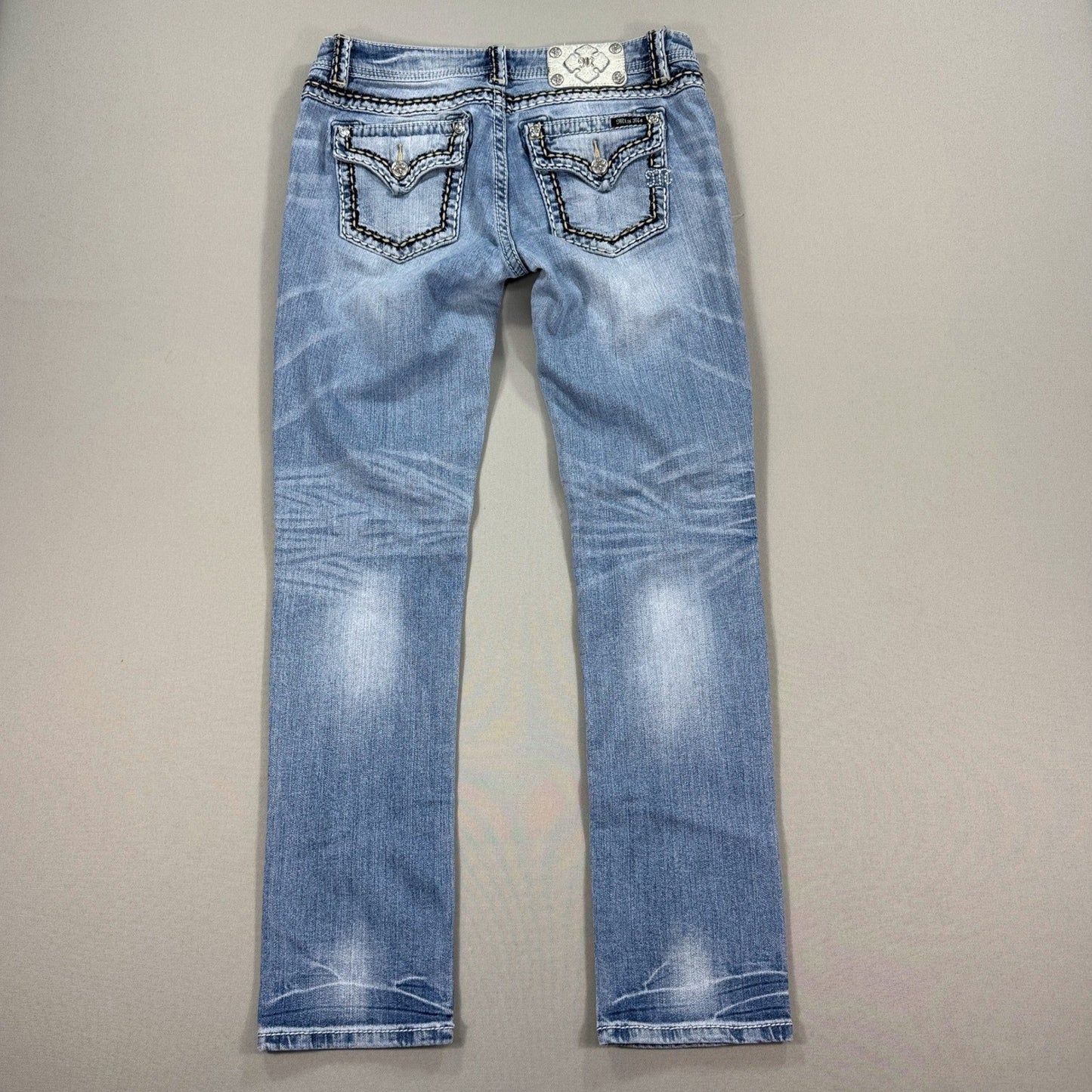 Miss Me Jeans Womens 32x30 Straight Blue Denim Embellished Pockets Distressed