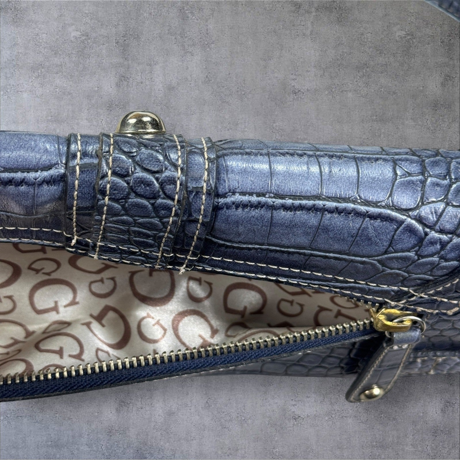 Guess Baguette Shoulder Bag Blue Croc Embossed Stud Detail Large Logo