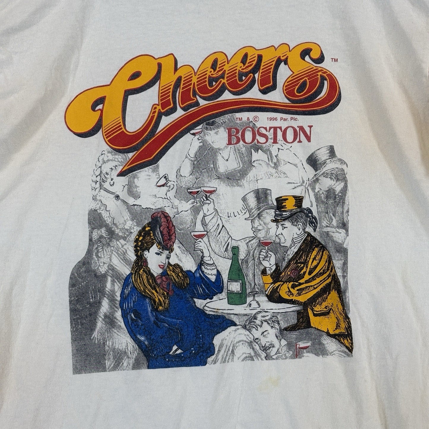 VTG Cheers Boston Mens Large White Graphic Single Stitch Shirt Made In USA