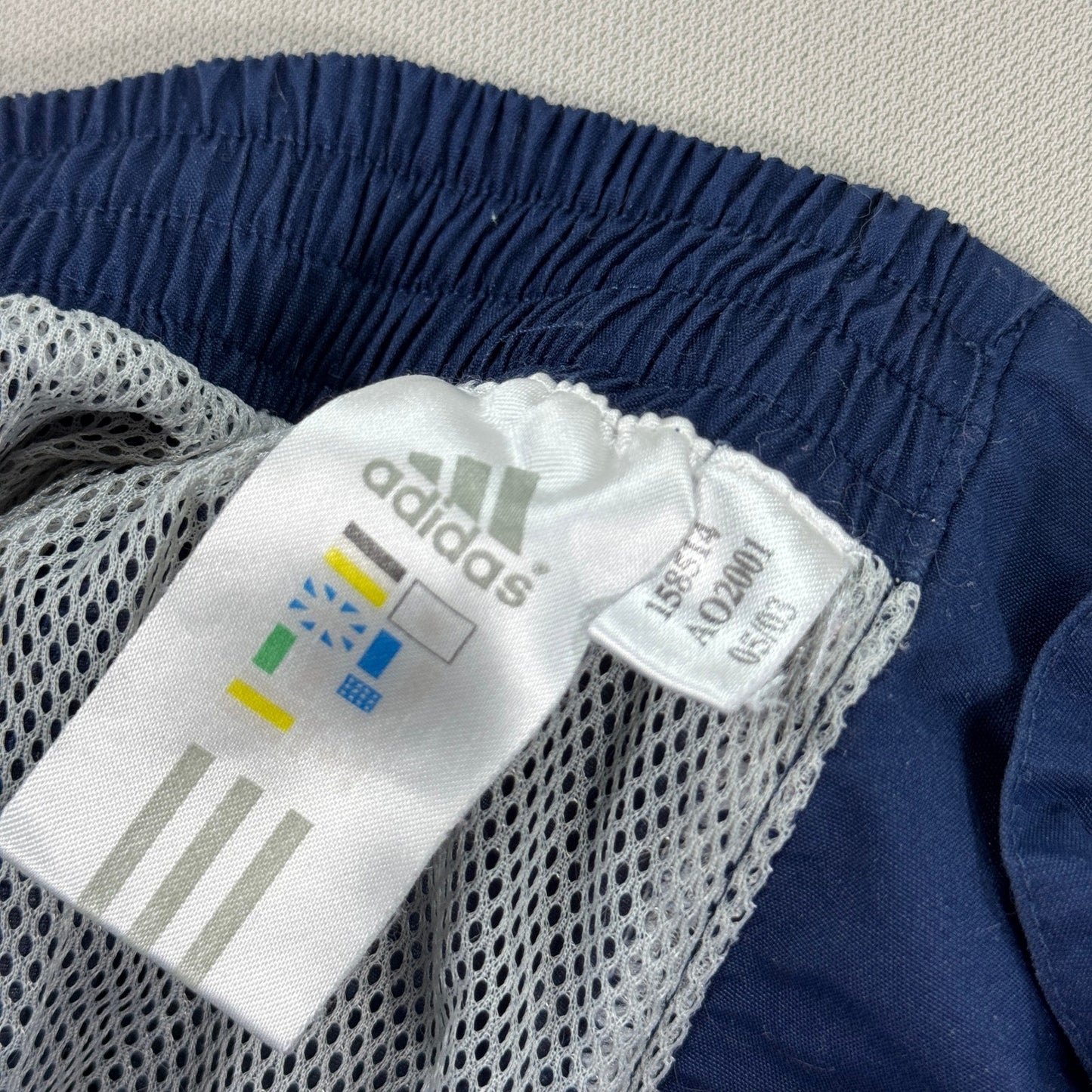 VTG Adidas Track Pants Snap Button Sides Zip Pocket Youth XL Blue Yellow Trefoil