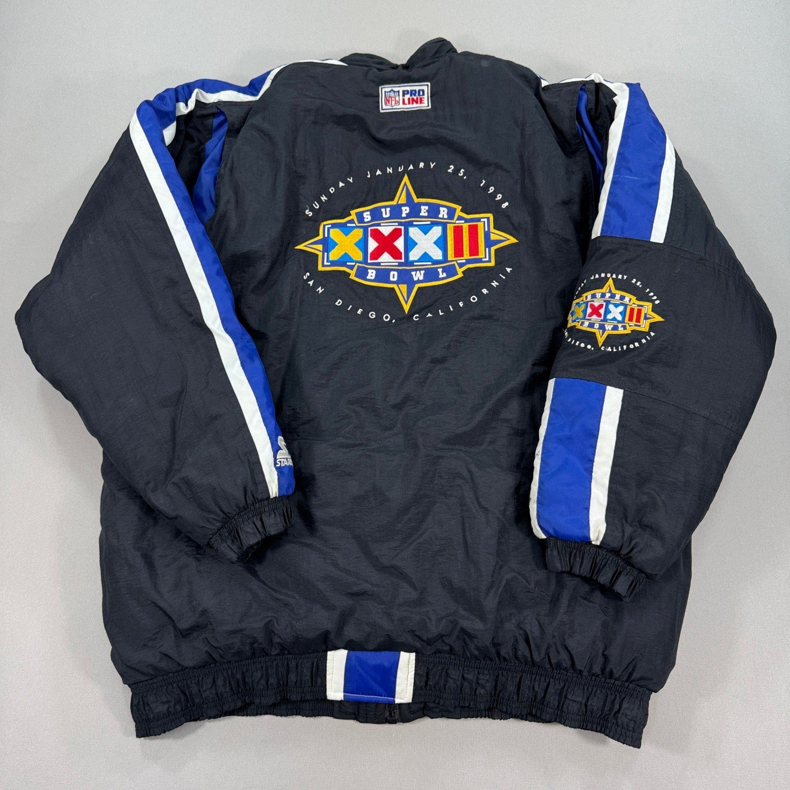 Vintage 90s Starter Jacket Pro Line Budweiser Superbowl XXXll 1998 mens XL