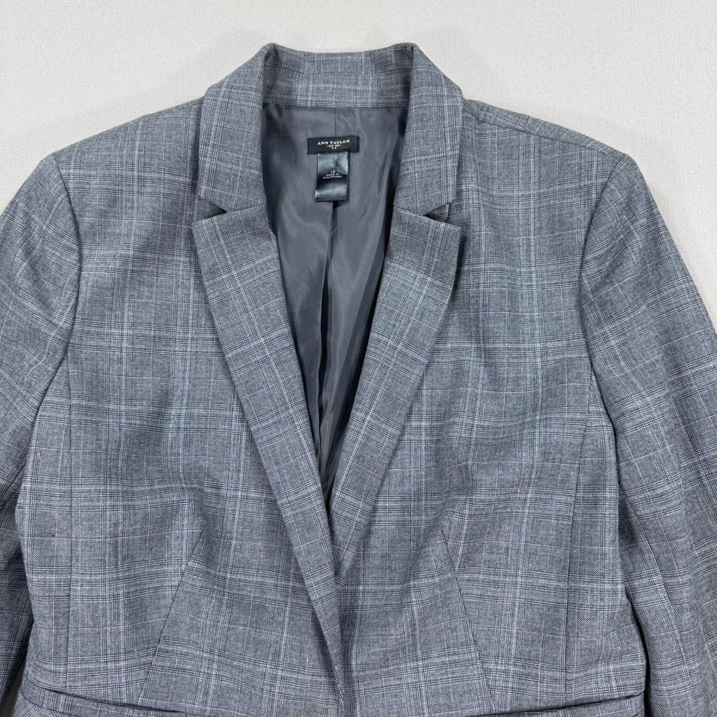 Ann Taylor Blazer Womens Size 12 Gray Plaid Career Office Business Casual