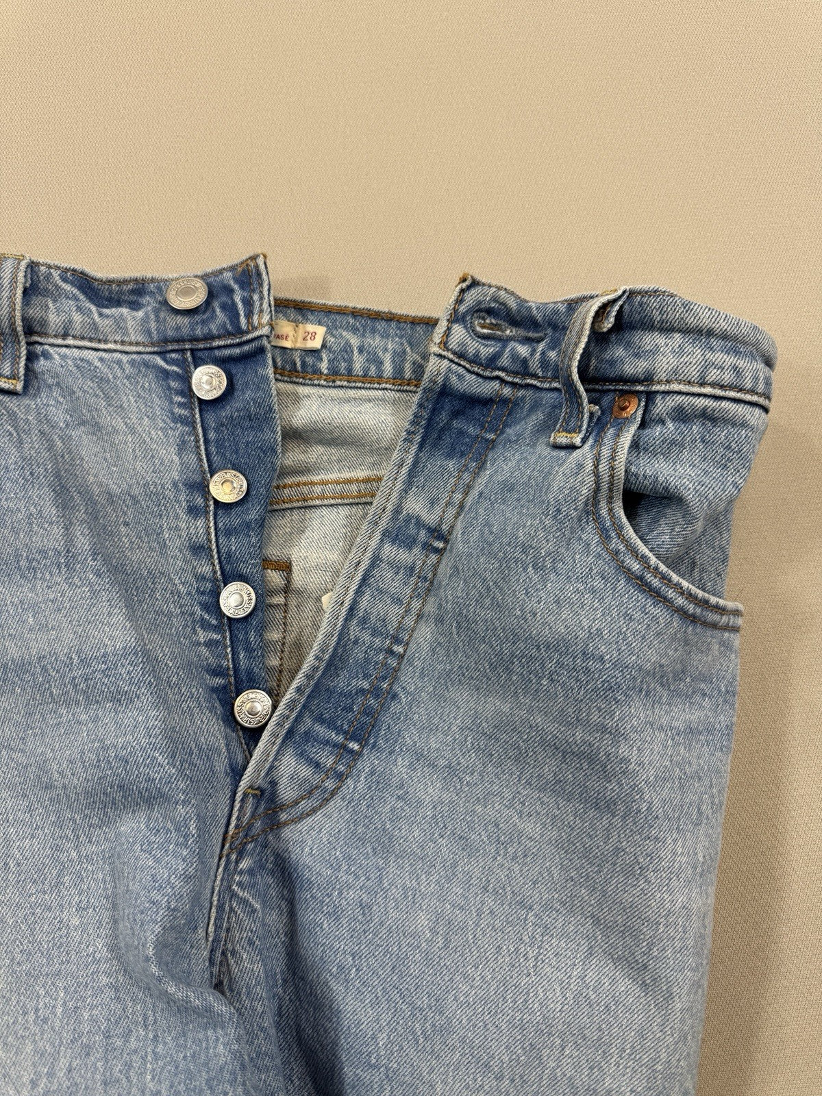 Vintage Levi's Big E Cut Off Crop Flare Womens 28x26 Button Fly Blue Denim Jeans