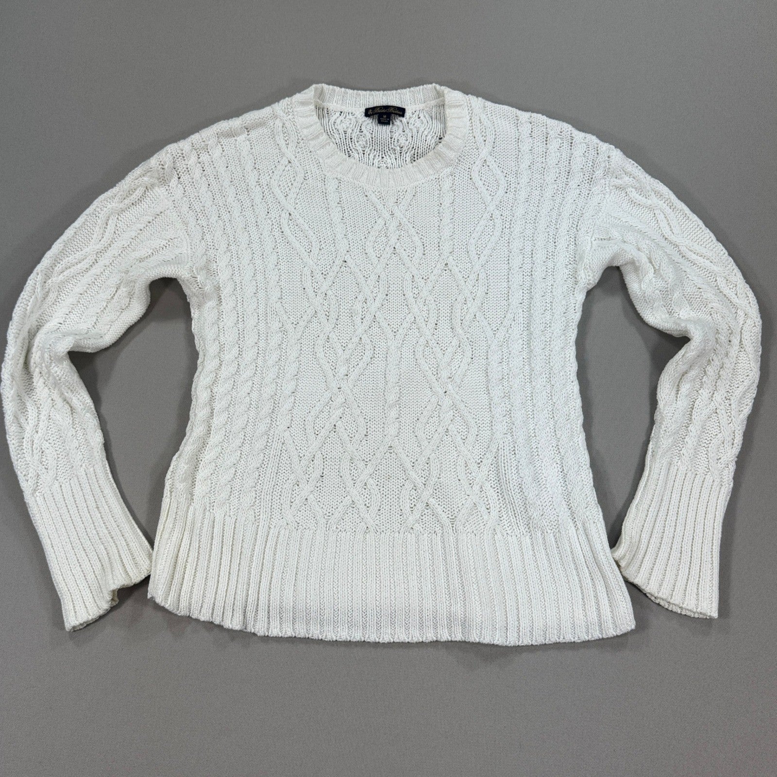 Brooks Brothers Cable Knit Sweater Womens Medium White Cotton Blend Crewneck