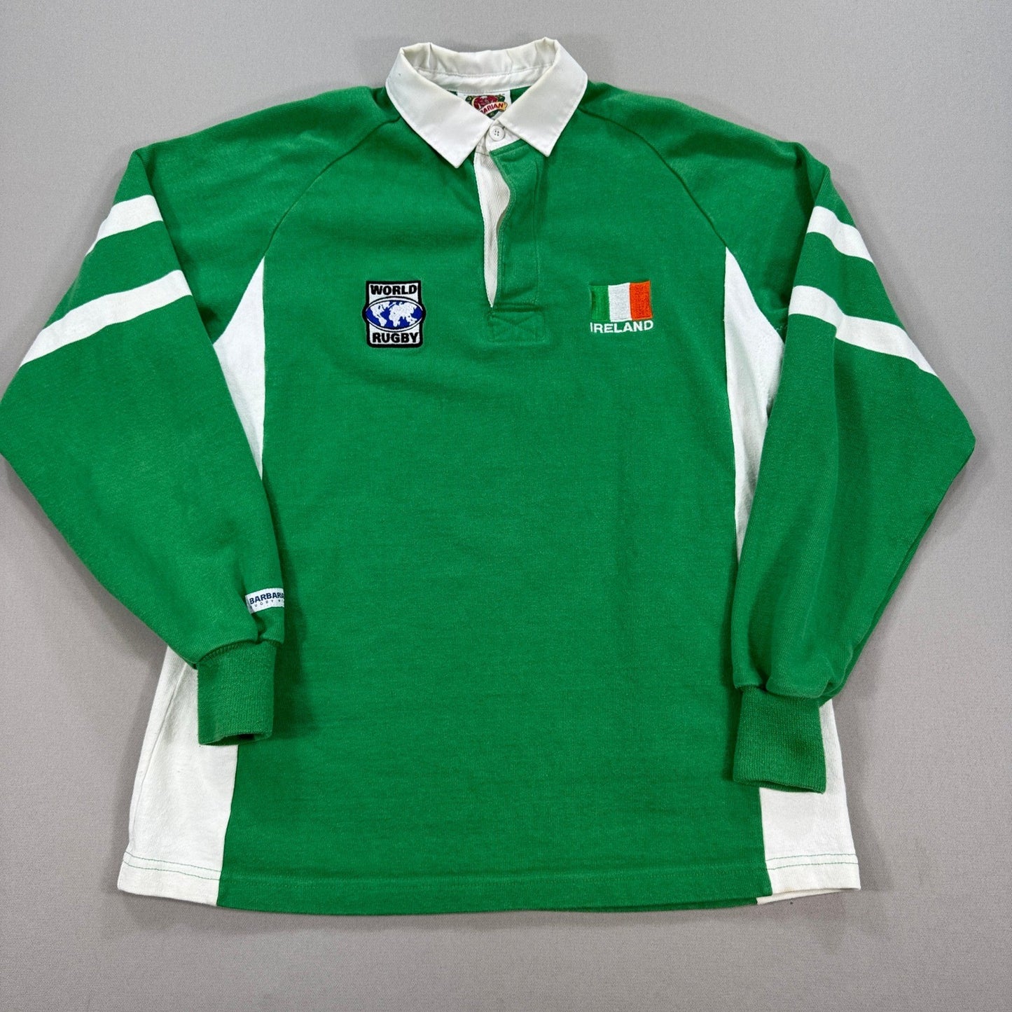 Vintage Barbarian World Rugby Wear Ireland Polo Shirt mens XL Green Long Sleeve