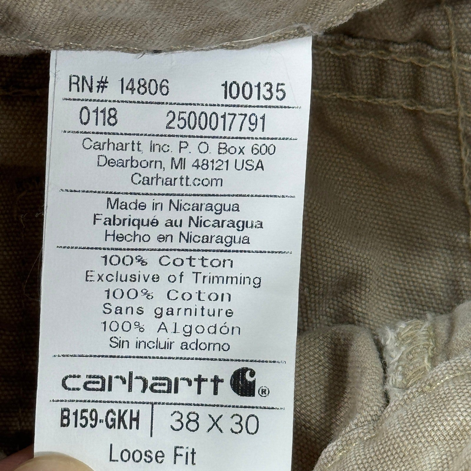 Carhartt B159-GKH Carpenter Pants mens 38x30 Beige Loose Fit Cotton Workwear