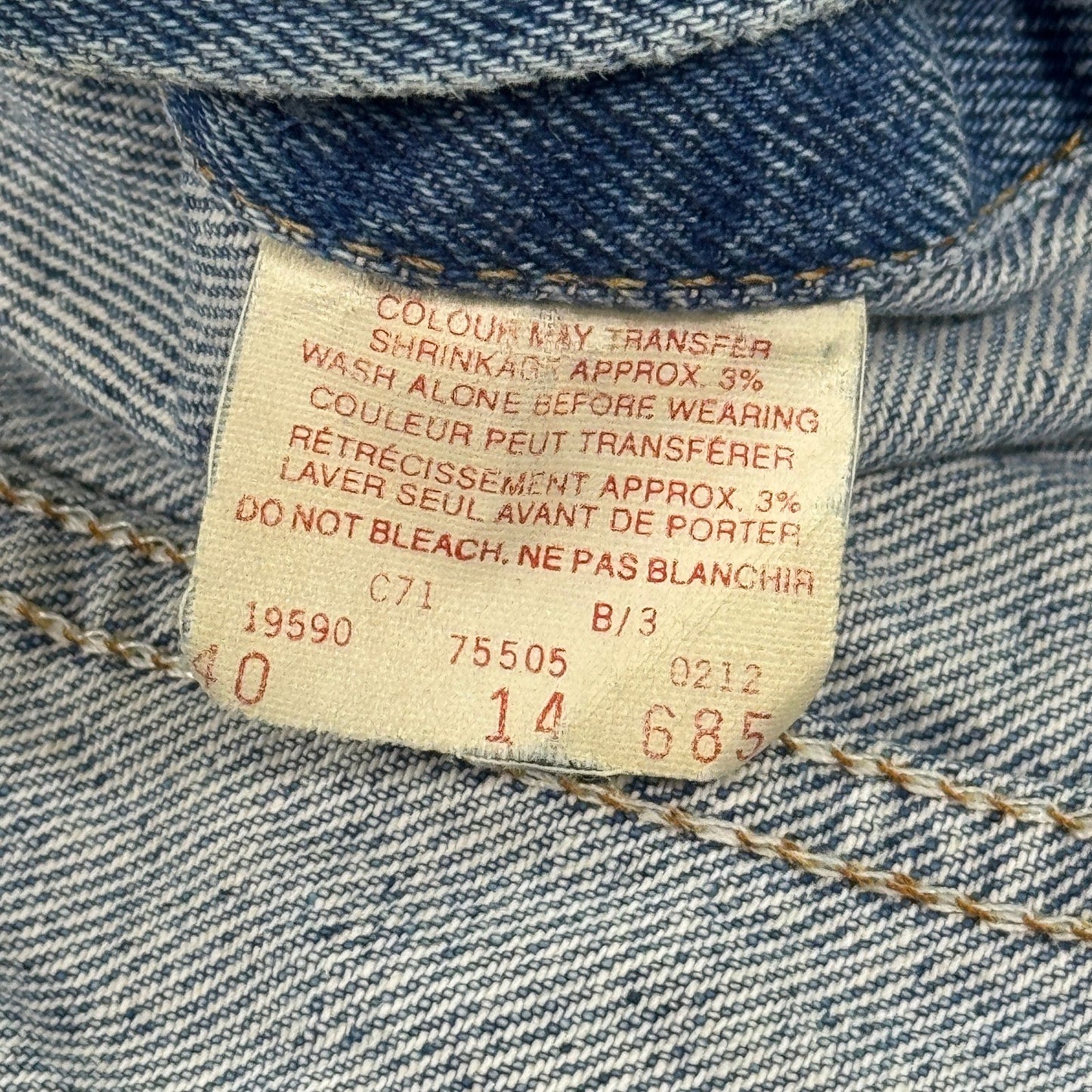 Vintage Levi's 75505-0212 Denim Jacket mens Sz 40 Blue Orange Tab Canada Made