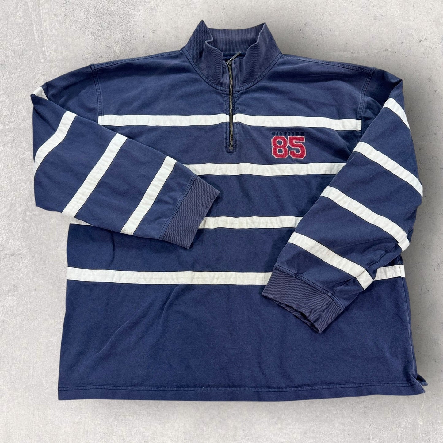 Tommy Hilfiger Rugby Shirt Long Sleeve mens 2XL Blue White Stripe Quarter Zip