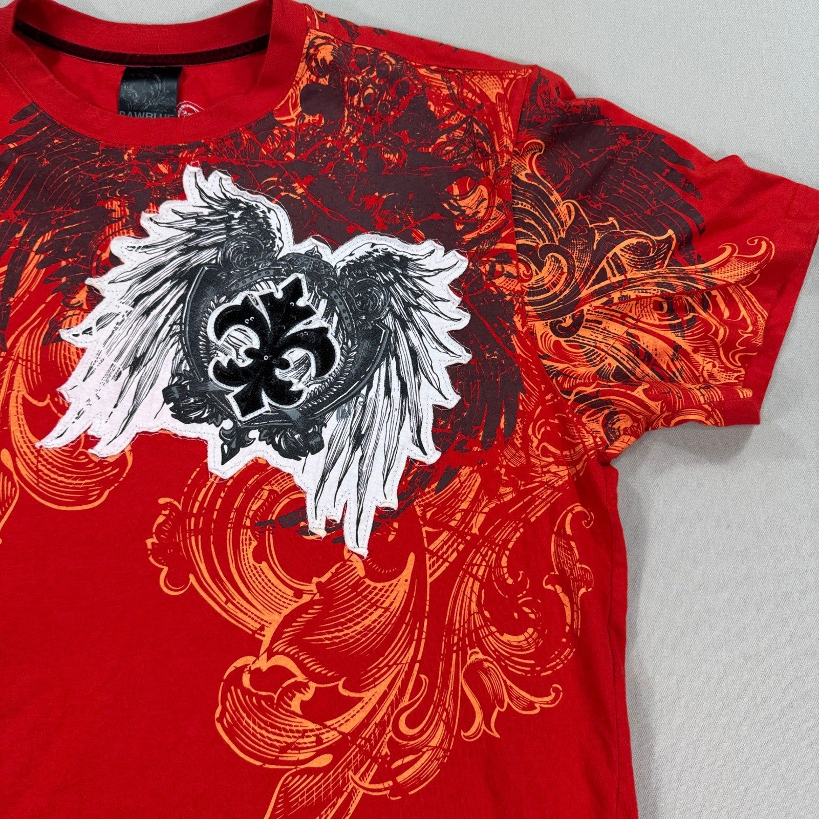 VTG 90s Raw Blue Charlemagne Graphic T-Shirt mens 3XL Red Winged Fleur De Lis