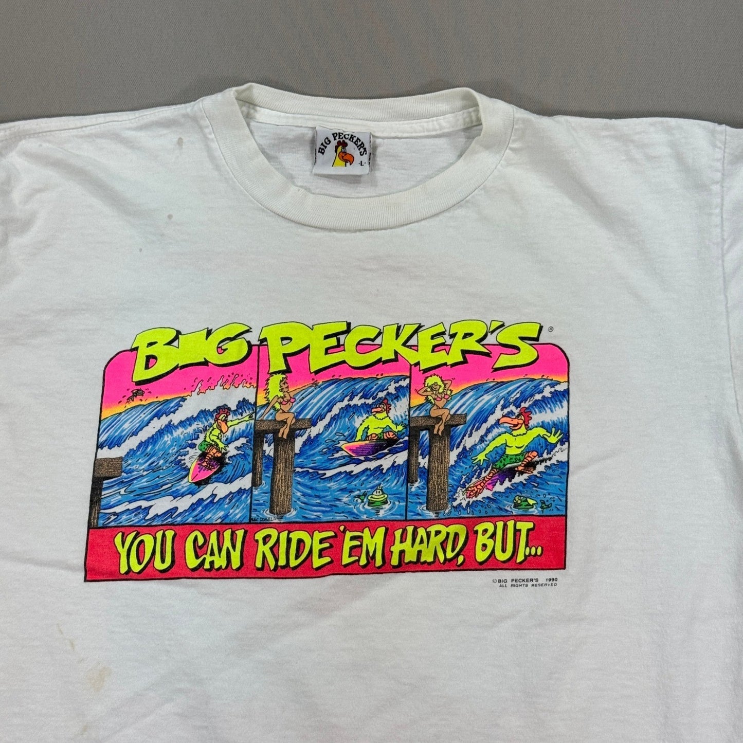 Vintage Big Peckers T-Shirt 90s mens Large Surfing Cartoon Single Stitch