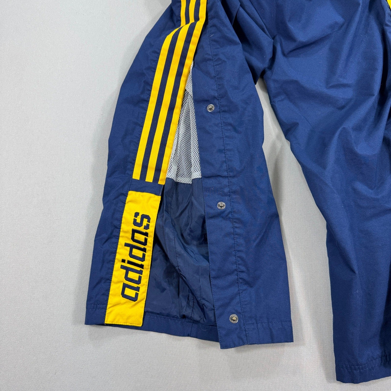 VTG Adidas Track Pants Snap Button Sides Zip Pocket Youth XL Blue Yellow Trefoil