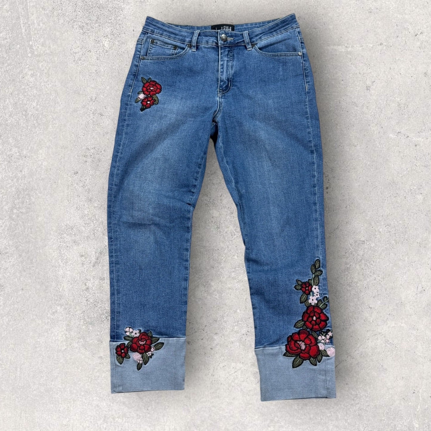 Joseph Ribkoff Jeans Embroidered Floral Womens Size 14 Blue Denim Cropped Cuff