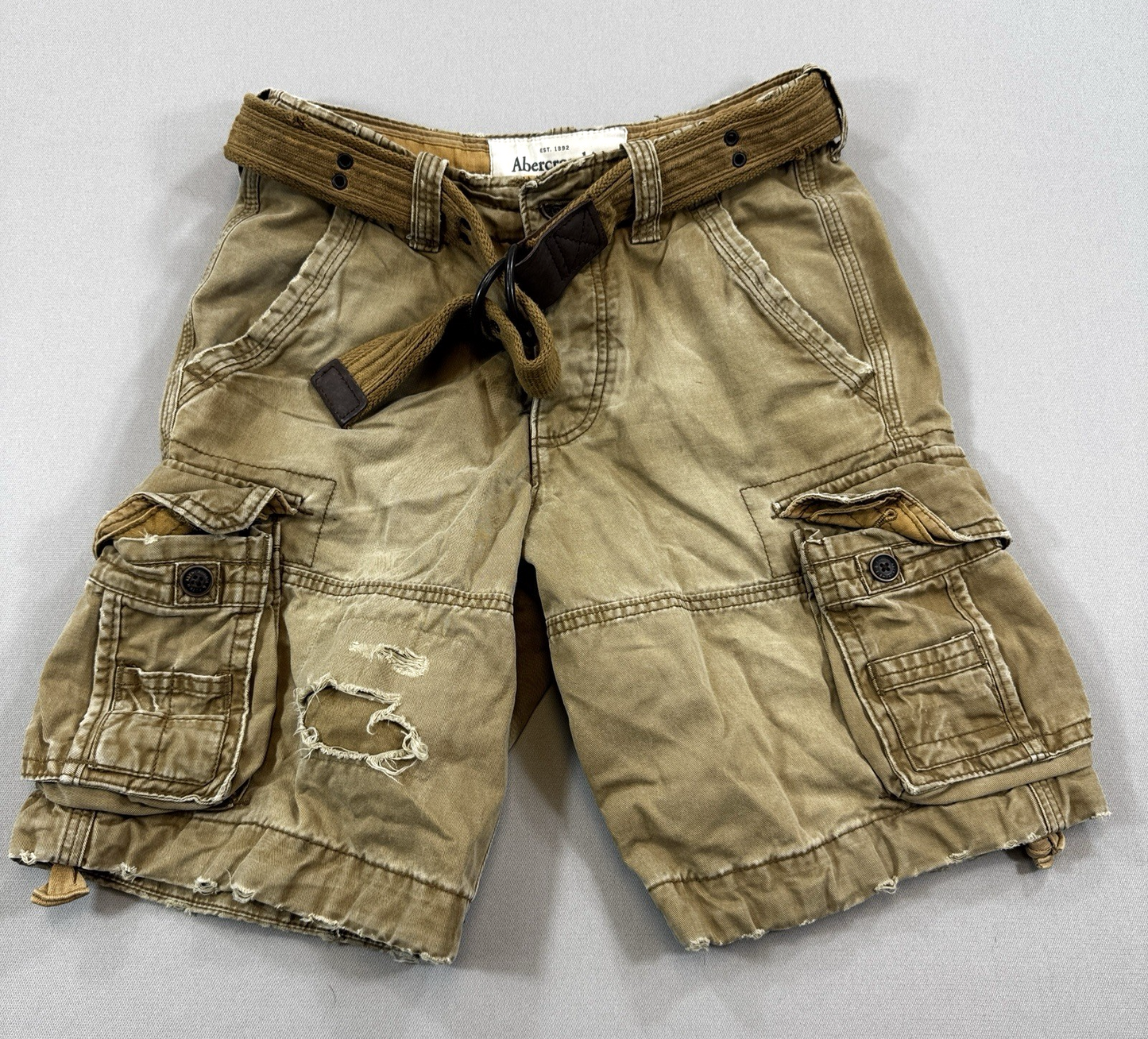 Abercrombie & Fitch Distressed Brown Cargo Shorts mens 28 W w/Belt Rare