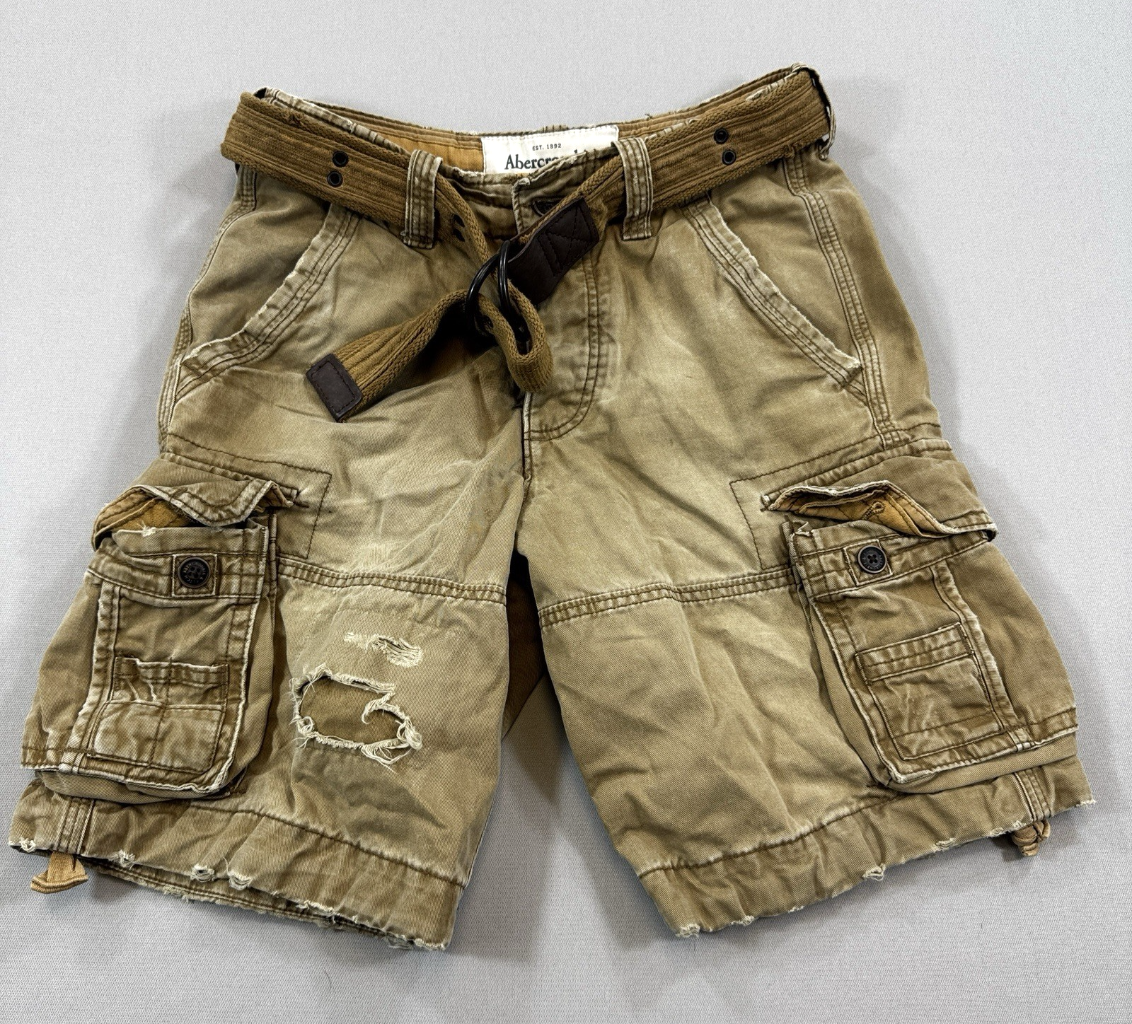 Abercrombie & Fitch Distressed Brown Cargo Shorts mens 28 W w/Belt Rare