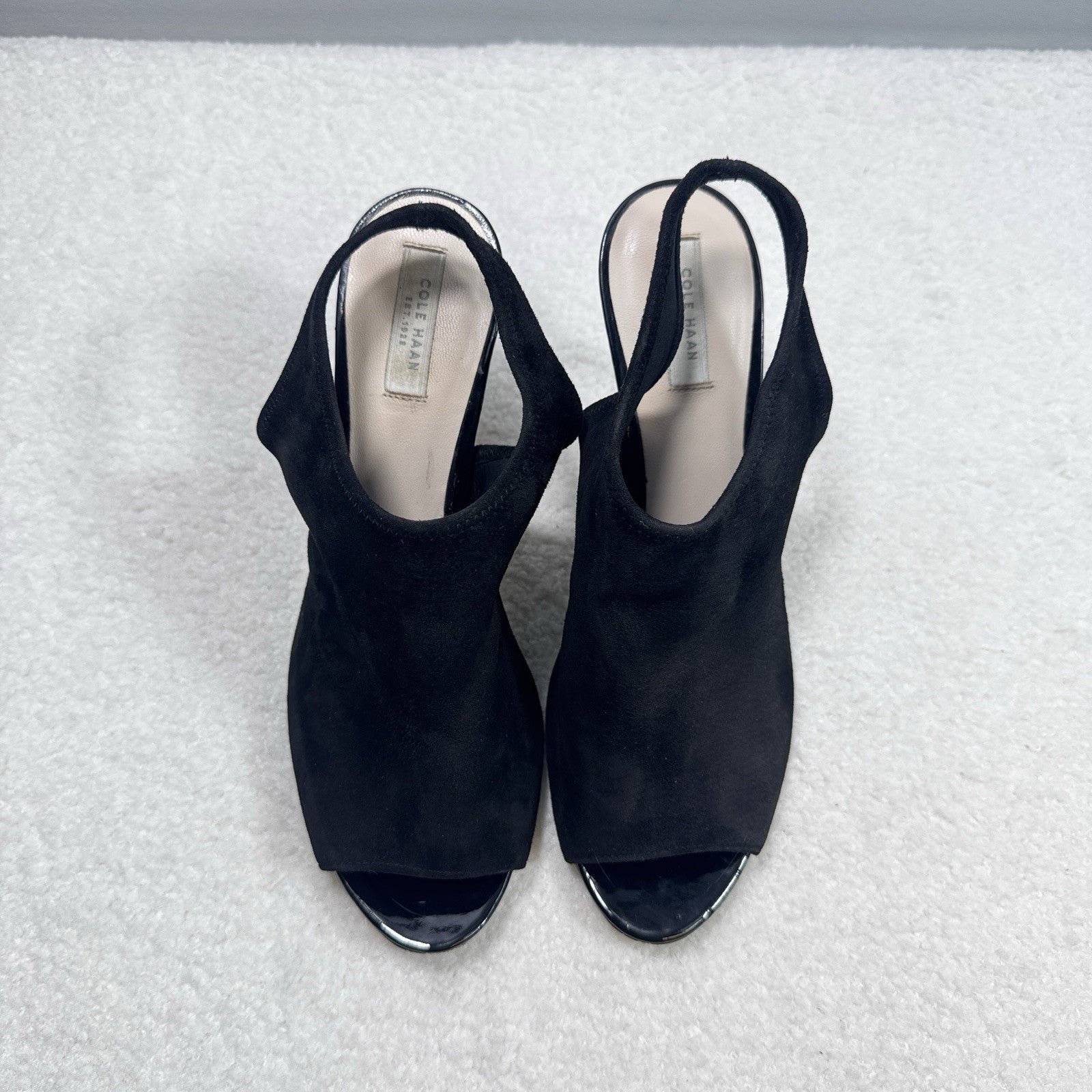 Cole Haan Nene Heels Womens Sz 7.5 Black Suede Peep Toe Sandal Shoes Sling Back