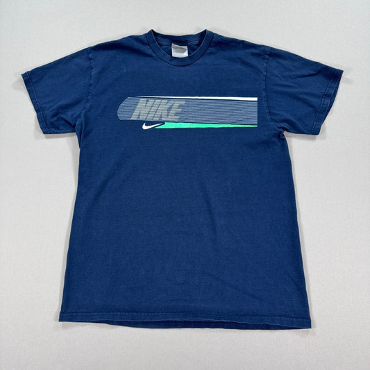 Vintage Nike T-Shirt mens Large Blue Swoosh Logo Graphic Print Crewneck Y2K