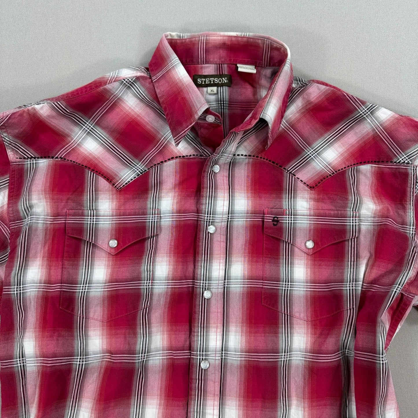 Stetson Shirt Mens XL Red Blue Plaid Western Pearl Snap Cowboy Rodeo Country