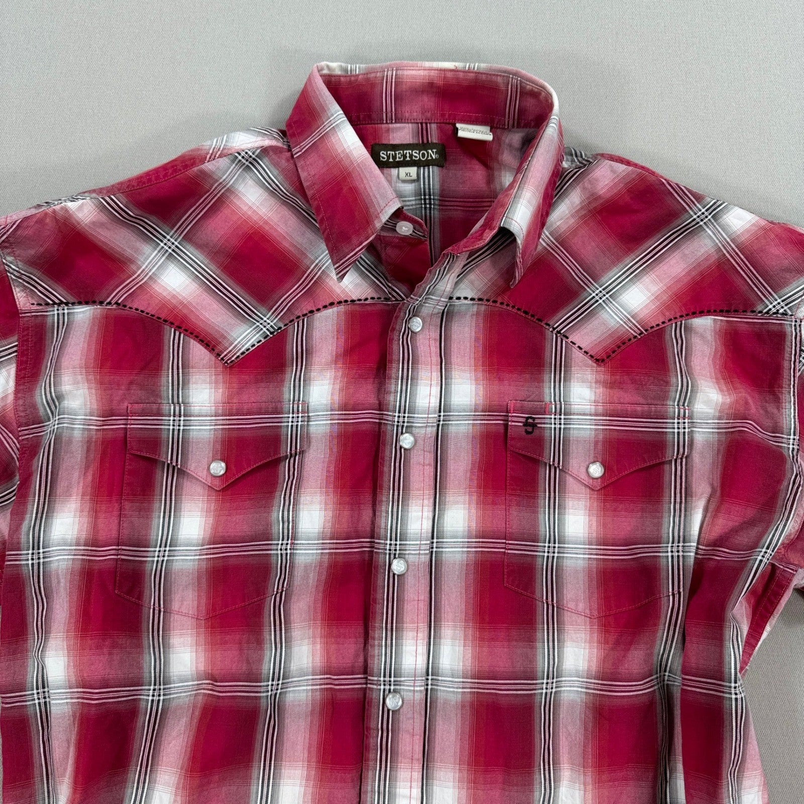 Stetson Shirt Mens XL Red Blue Plaid Western Pearl Snap Cowboy Rodeo Country