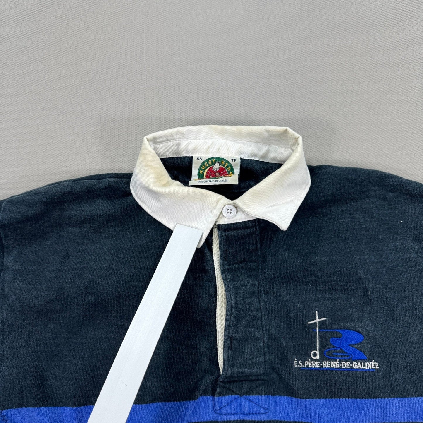 Vintage Barbarian Rugby Wear Polo Shirt Mens XS Blue White Stripe Made In Canada