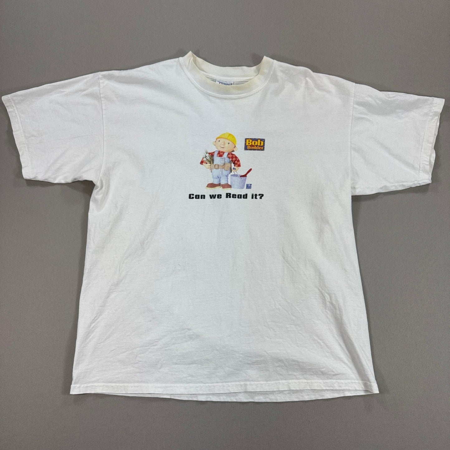 Vintage 2001 Bob the Builder "Can We Read It?" T-Shirt Mens XL White Y2K