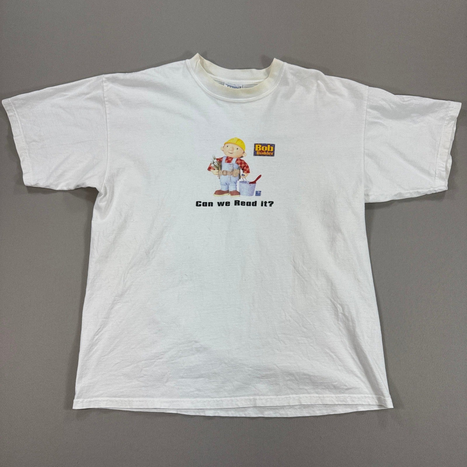Vintage 2001 Bob the Builder "Can We Read It?" T-Shirt Mens XL White Y2K