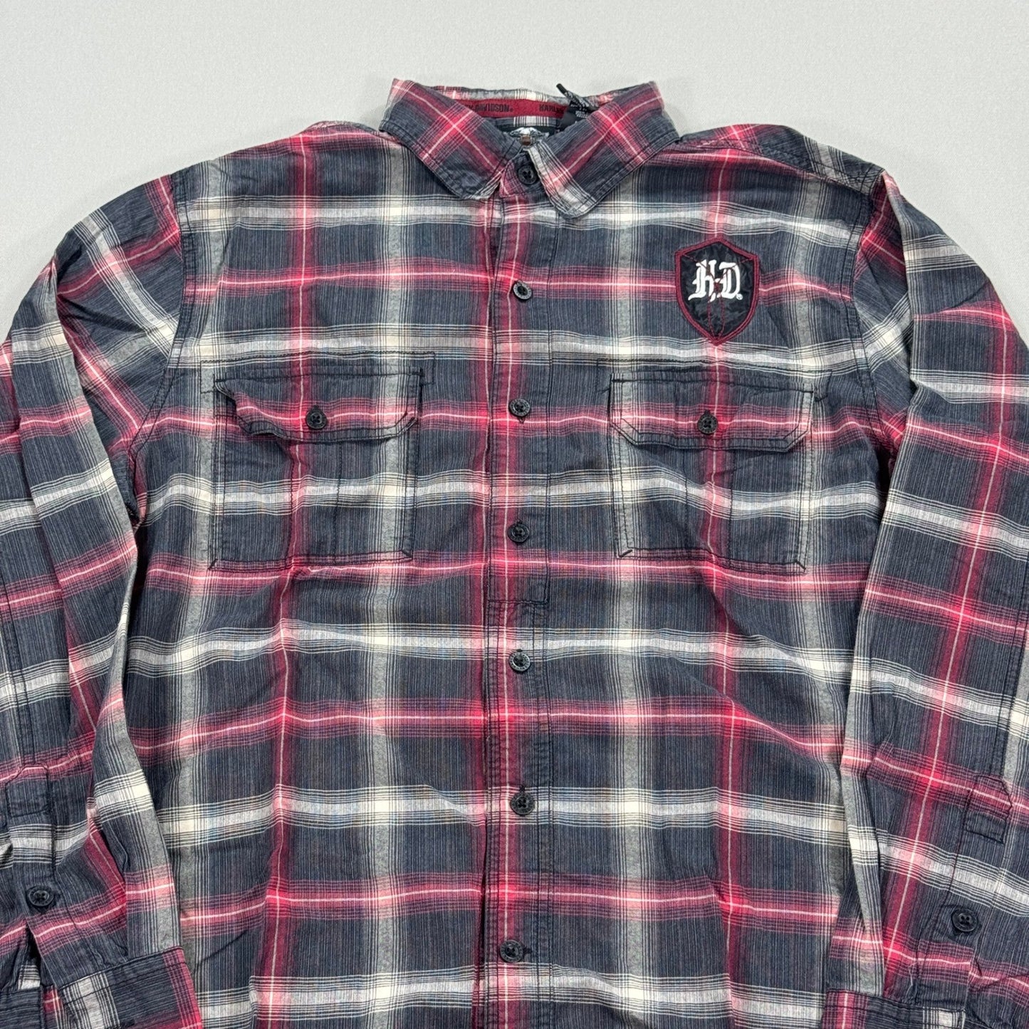 Harley Davidson Shirt Mens Large Gray Red Plaid Button Down Embroidered Spellout