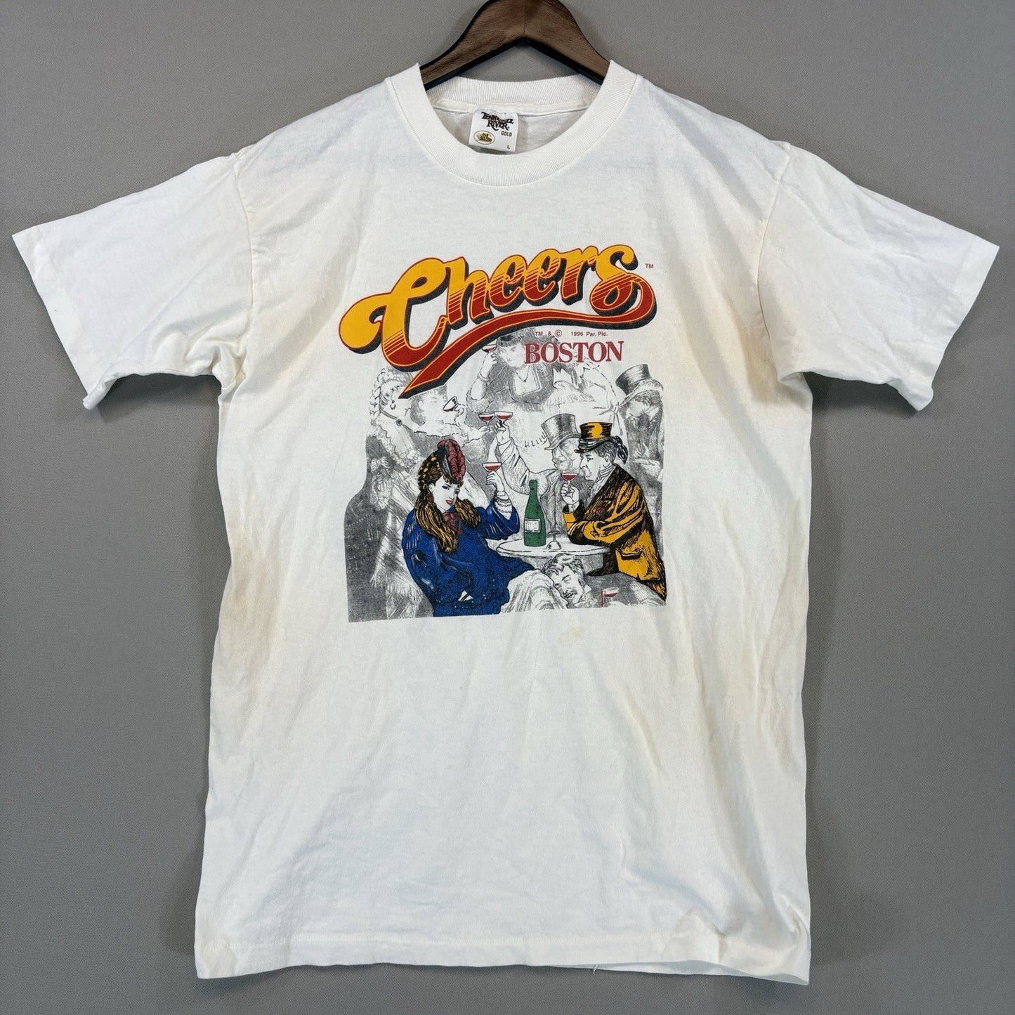 VTG Cheers Boston Mens Large White Graphic Single Stitch Shirt Made In USA