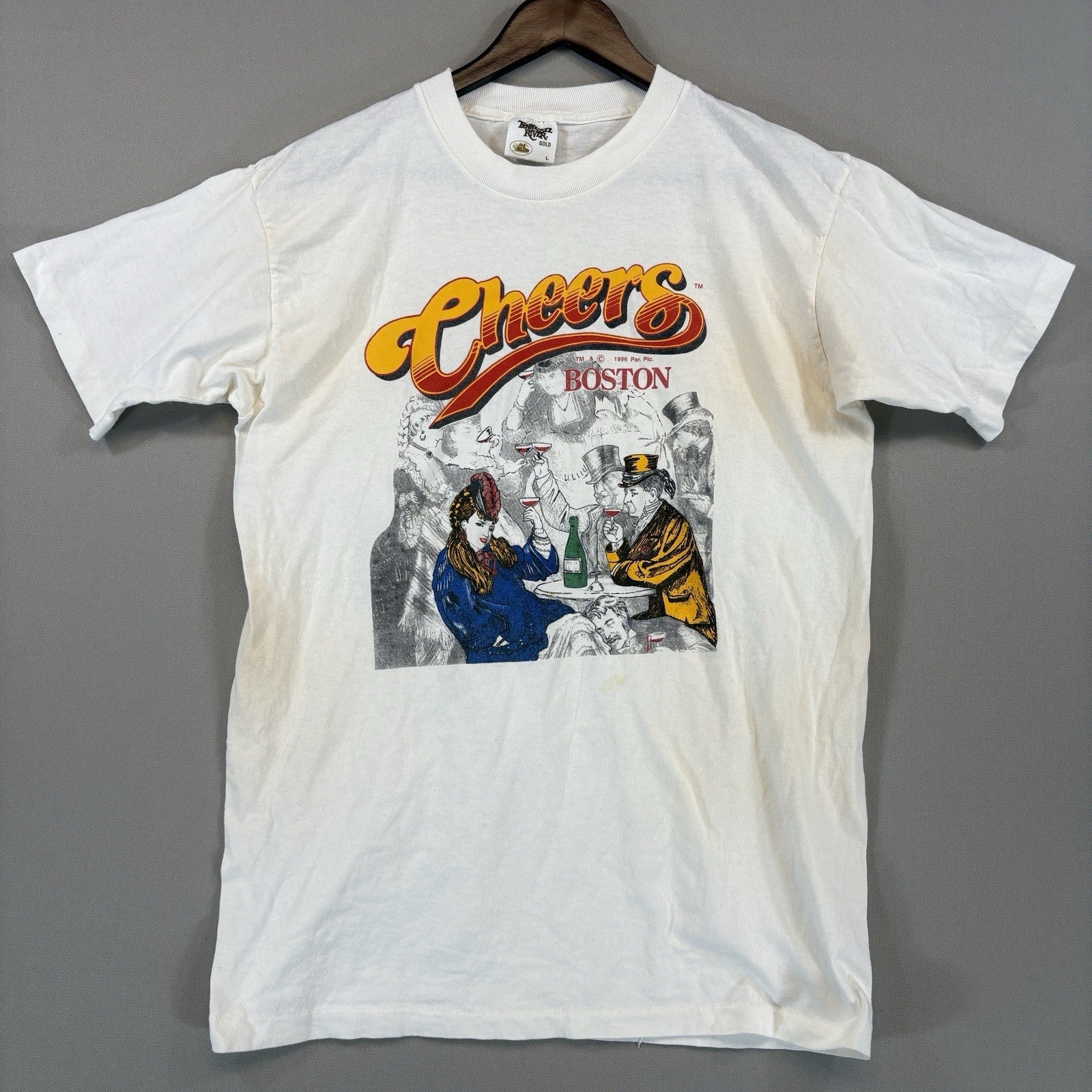 VTG Cheers Boston Mens Large White Graphic Single Stitch Shirt Made In USA