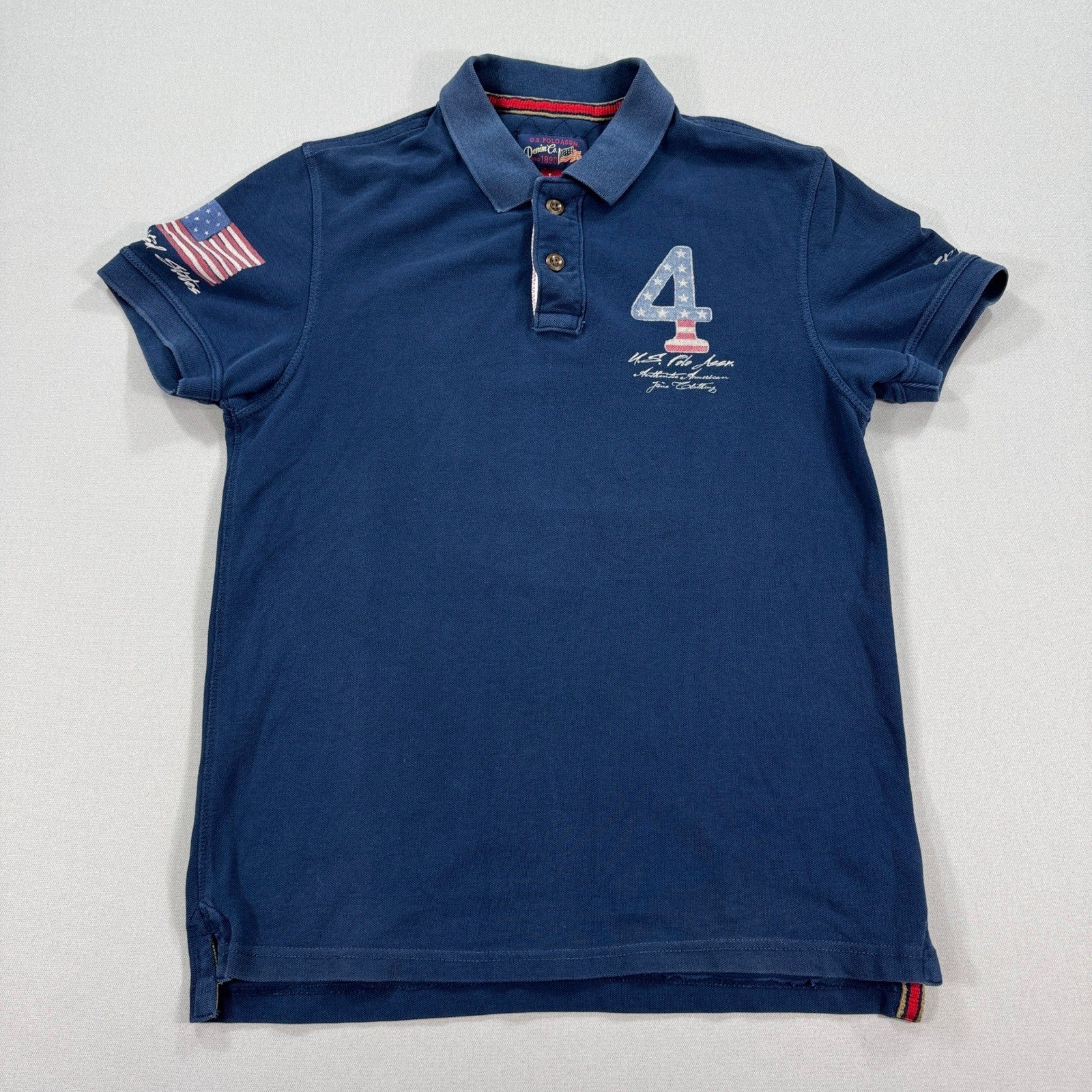 US Polo Assn Polo Shirt Slim Fit USA Flag #4 mens Large Navy Blue Short Sleeve