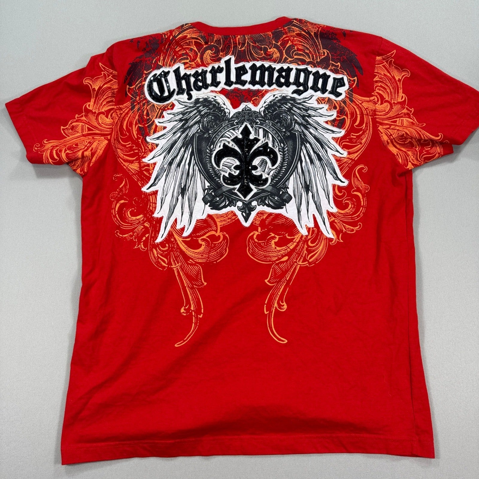 VTG 90s Raw Blue Charlemagne Graphic T-Shirt mens 3XL Red Winged Fleur De Lis