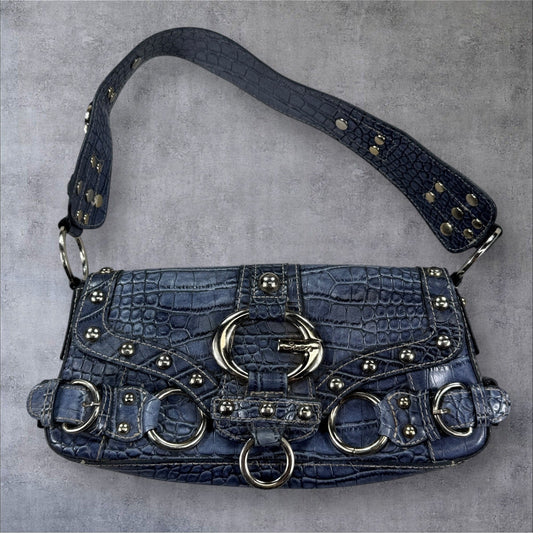 Guess Baguette Shoulder Bag Blue Croc Embossed Stud Detail Large Logo