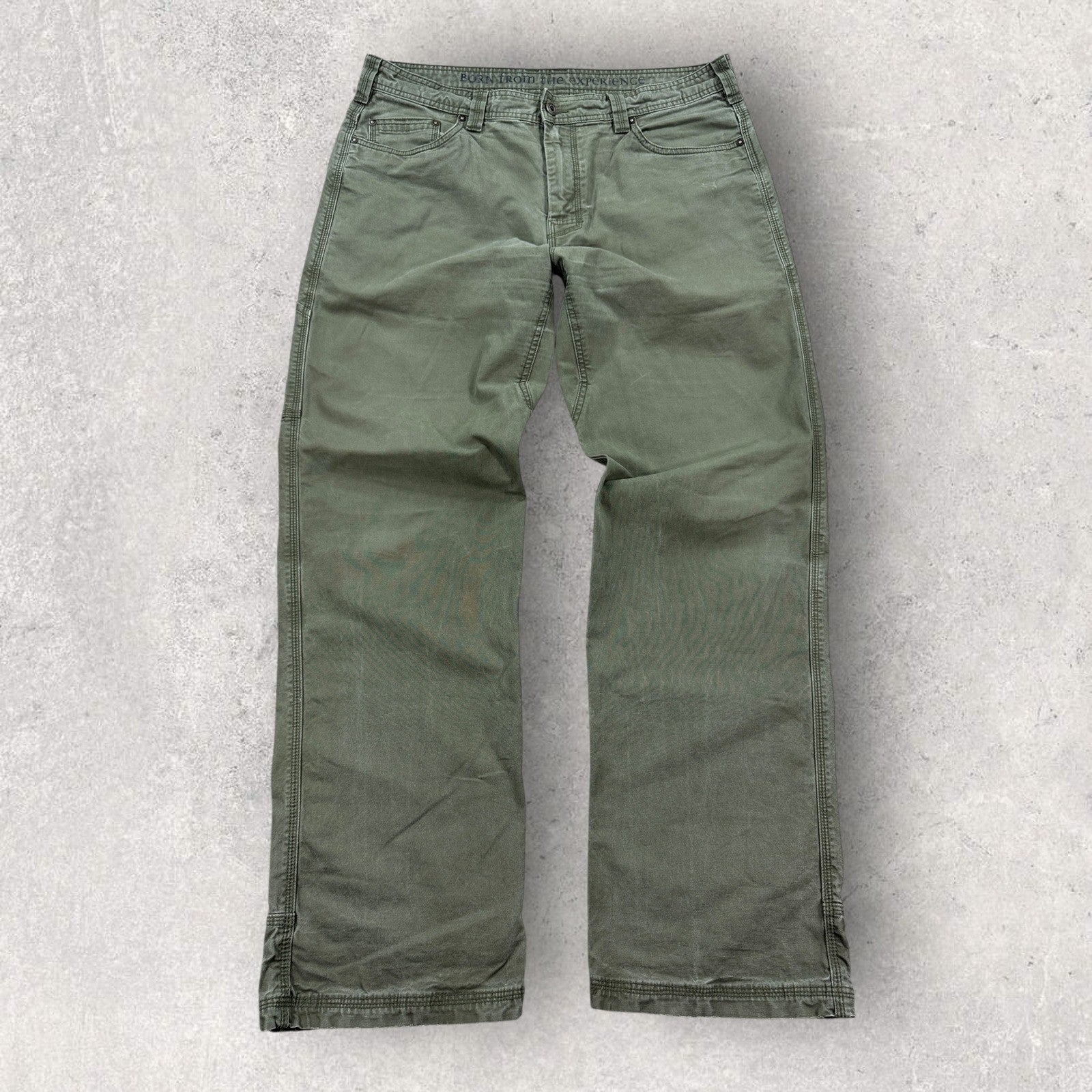 Prana Bronson Work Pants mens 38x34 Olive Green Canvas Carpenter Relaxed Fit