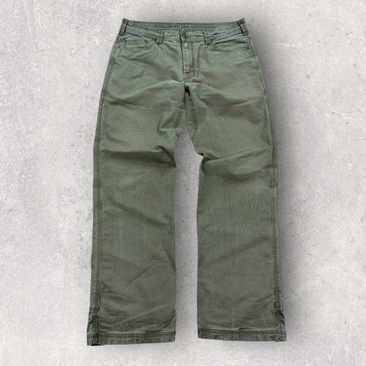 Prana Bronson Work Pants mens 38x34 Olive Green Canvas Carpenter Relaxed Fit